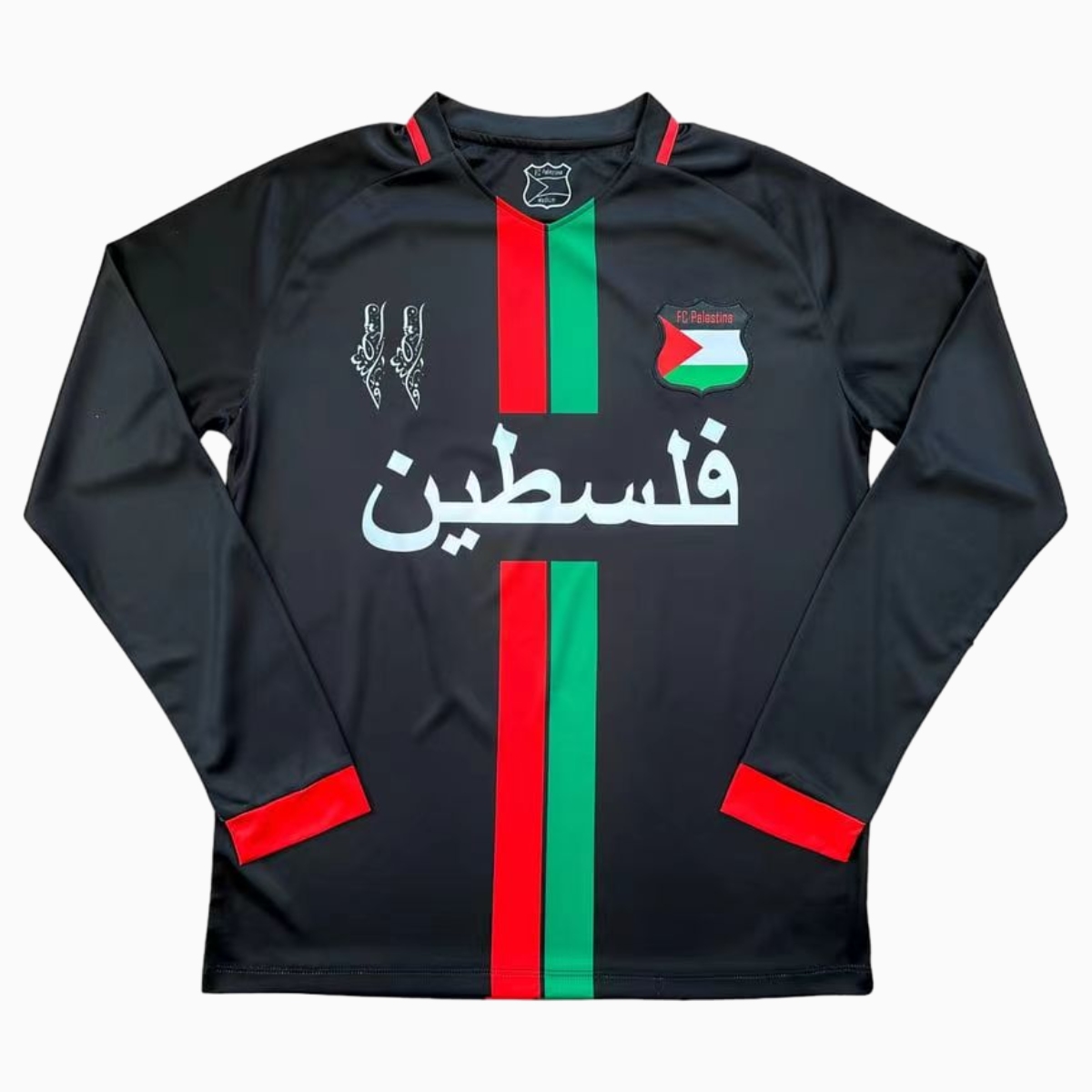 FC Palestina 24-25 Black Centre Striped Long Sleeve Jersey with Arabic and Pattern - JerseysGala