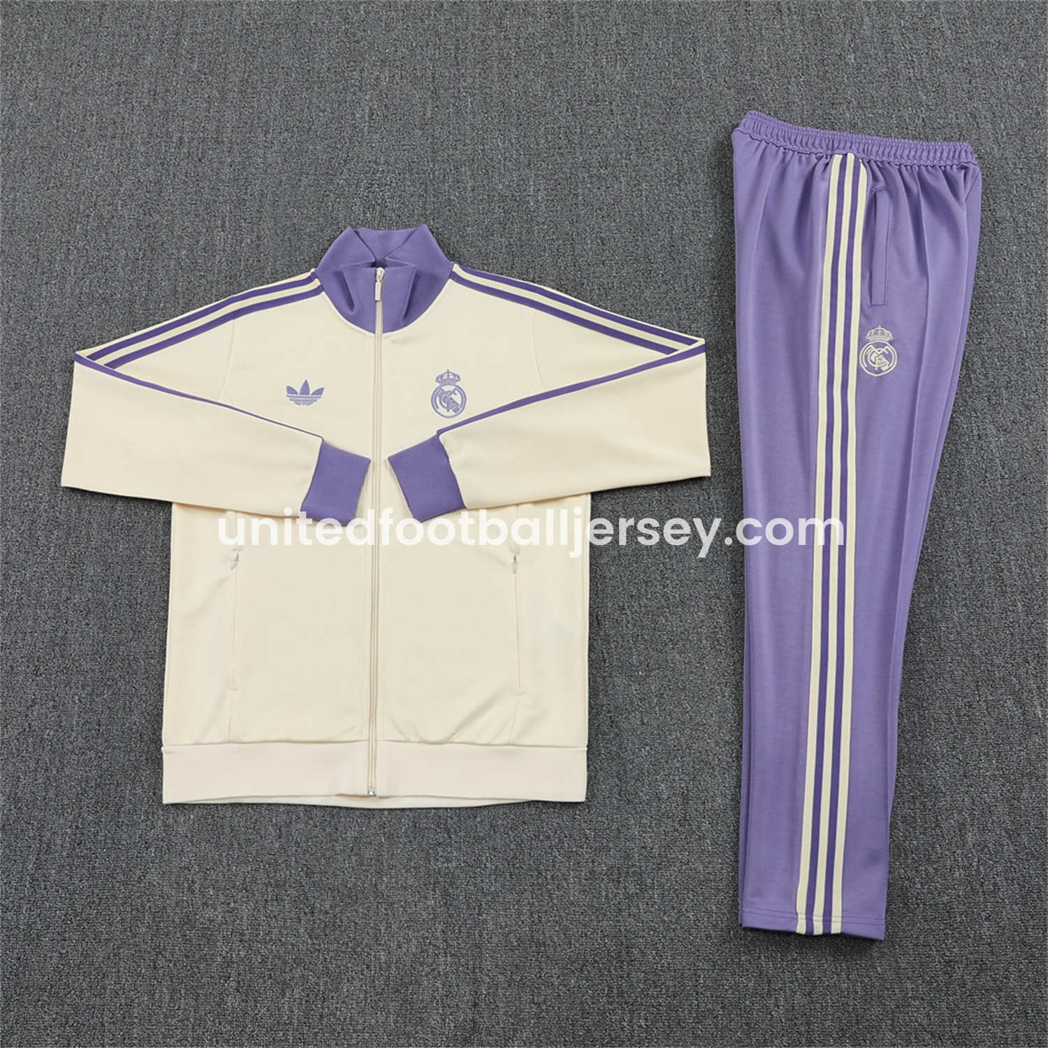 Real Madrid 24-25 Throwback Jacket Training Tracksuit - Off-white Jackets & Purple Pants - JerseysGala