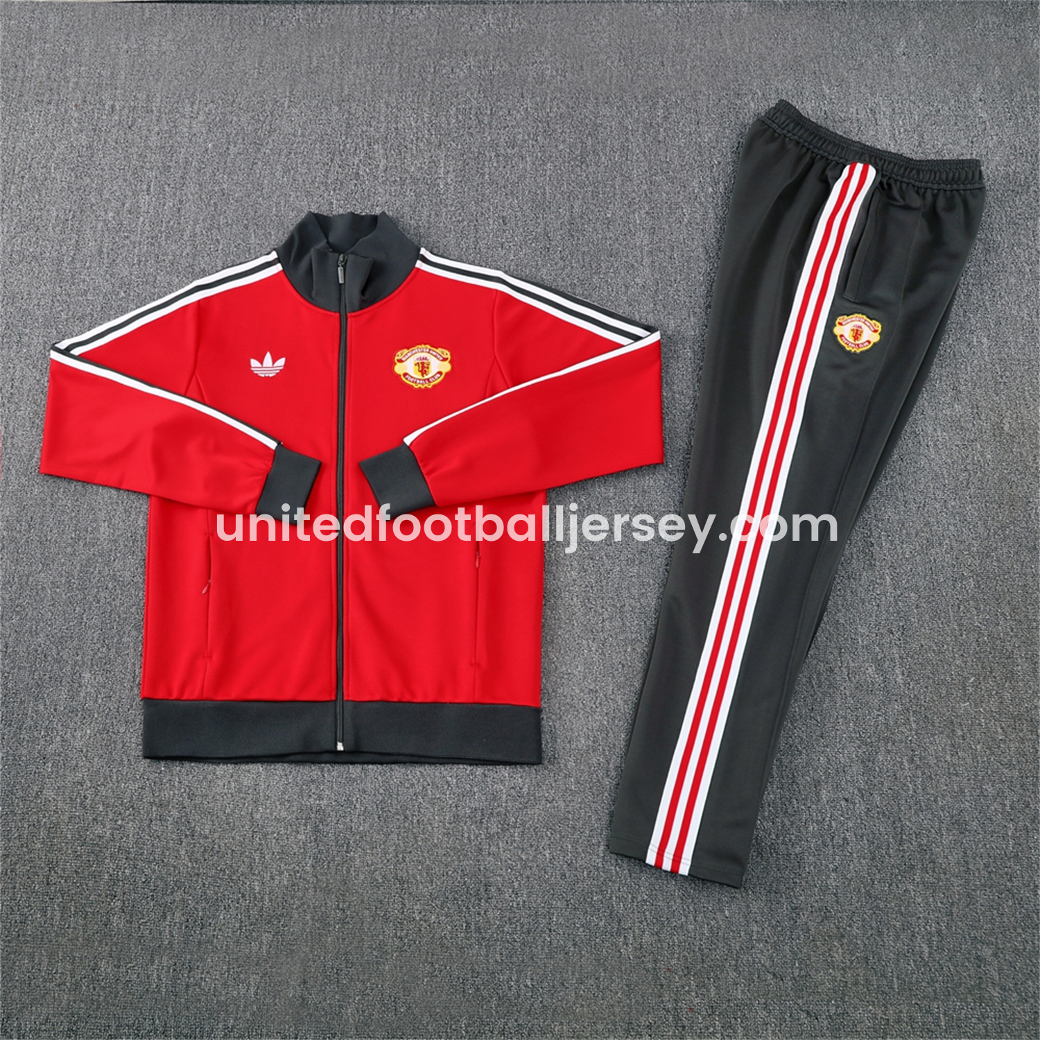 Manchester United 24-25 Throwback Jacket Training Tracksuit - Red Jackets & Grey Pants - JerseysGala