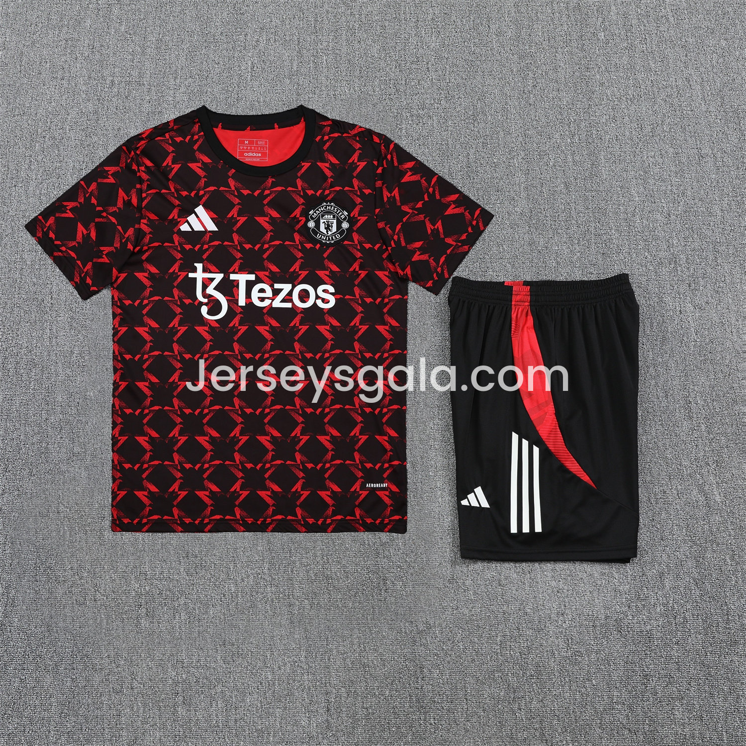 Manchester United 25-26 Pre-Match Short-Sleeve Training Set - Red Top & Black Shorts - JerseysGala