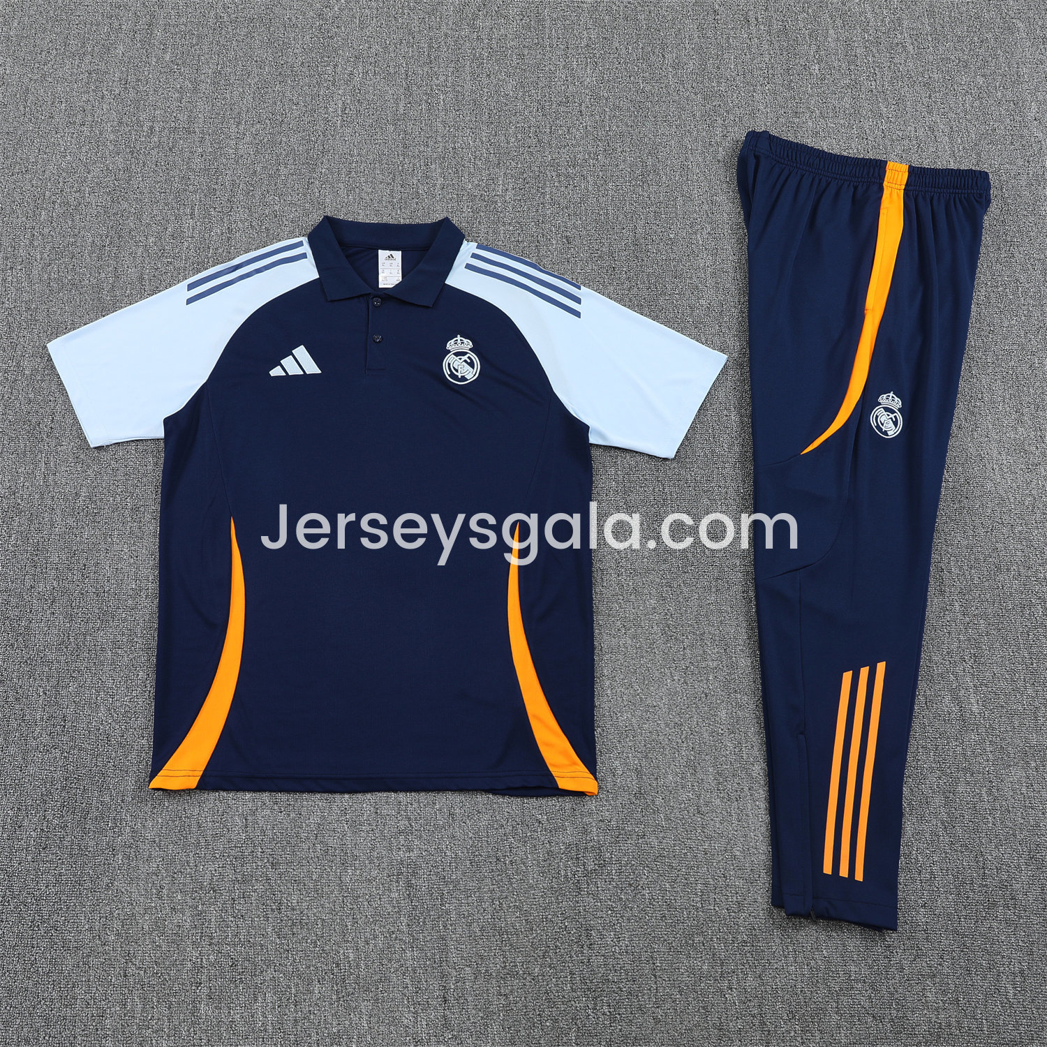 Real Madrid 25-26 POLO Short-Sleeve Training Set - Deep Blue Top and Pants with Yellow Stripes - JerseysGala