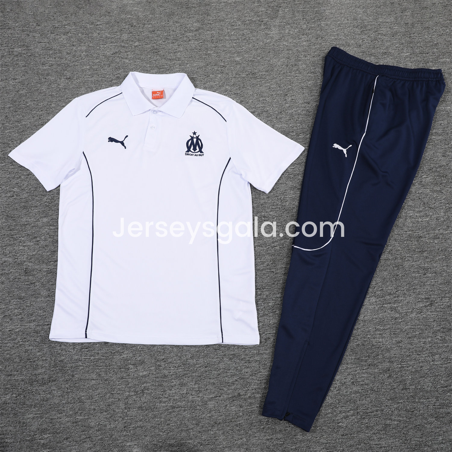 Marseille 25-26 POLO Short-Sleeve Training Set - White Top and Deep Blue Pants - JerseysGala