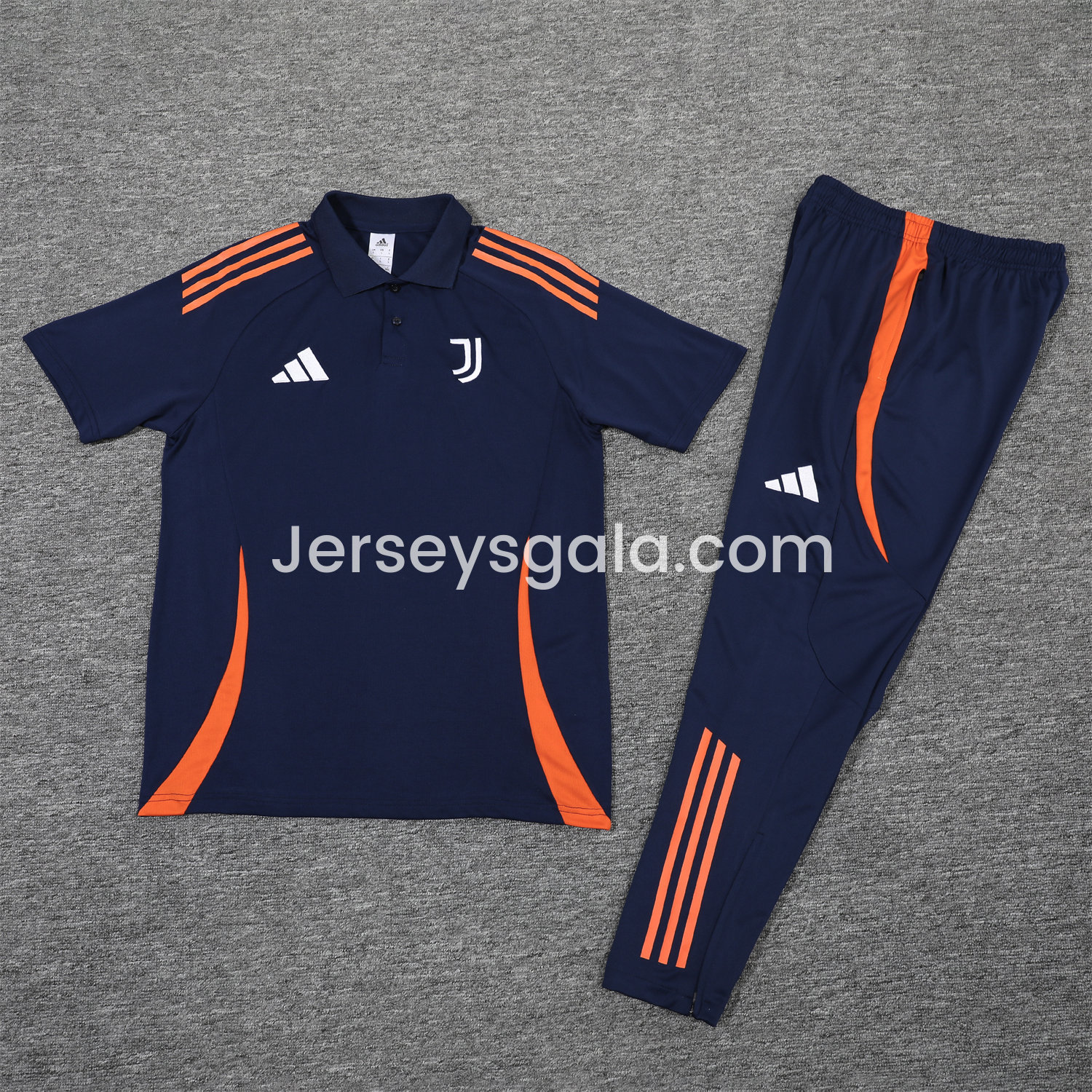 Juventus 25-26 POLO Short-Sleeve Training Set - Deep Blue Top and Pants with Orange Stripes - JerseysGala