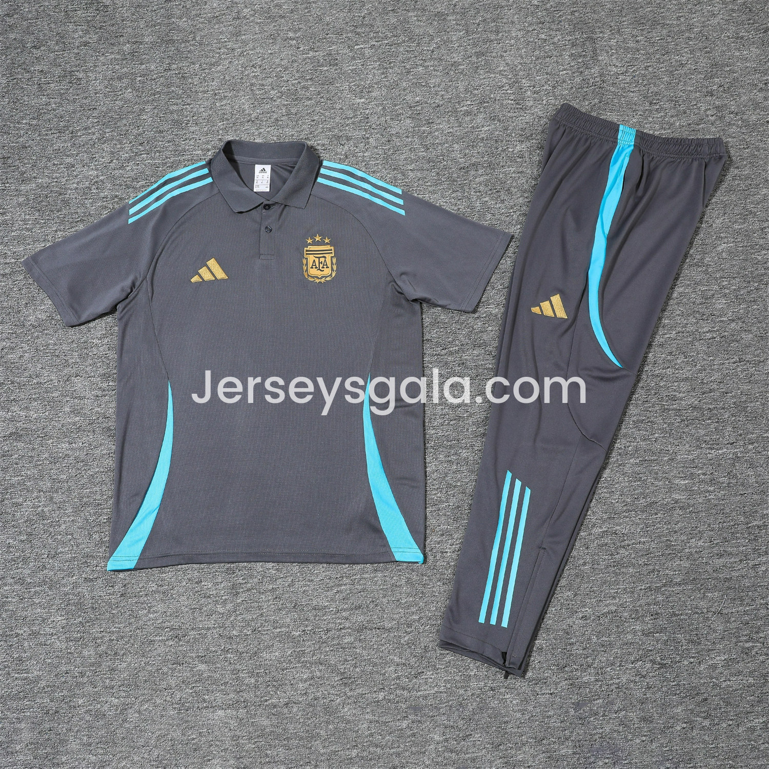 Argentina 25-26 POLO Short-Sleeve Training Set - Grey Top and Pants with Blue Stripes - JerseysGala