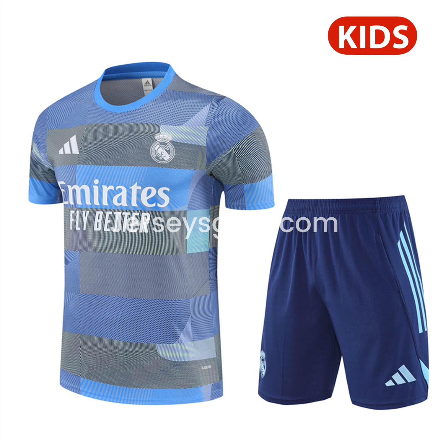 Real Madrid 25-26 Pre-Match Kids Short-Sleeve Training Set - Blue-Gray Camouflage Top and Blue Shorts - JerseysGala