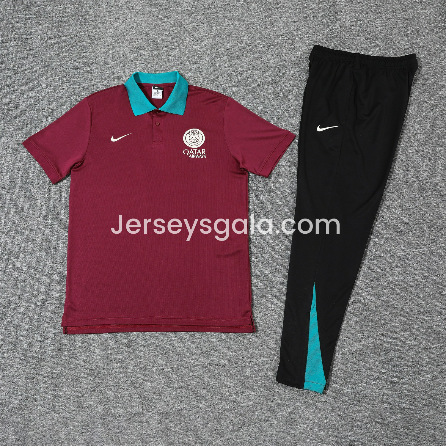 Paris Saint-Germain PSG 25-26 POLO Short-Sleeve Training Set - Deep Red Top and Black Pants - JerseysGala