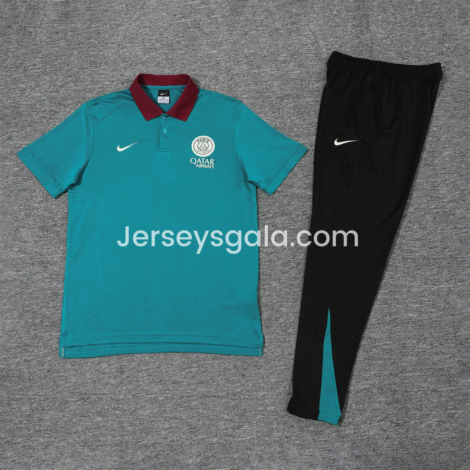 Paris Saint-Germain PSG 25-26 POLO Short-Sleeve Training Set - Blue Green Top and Black Pants - JerseysGala