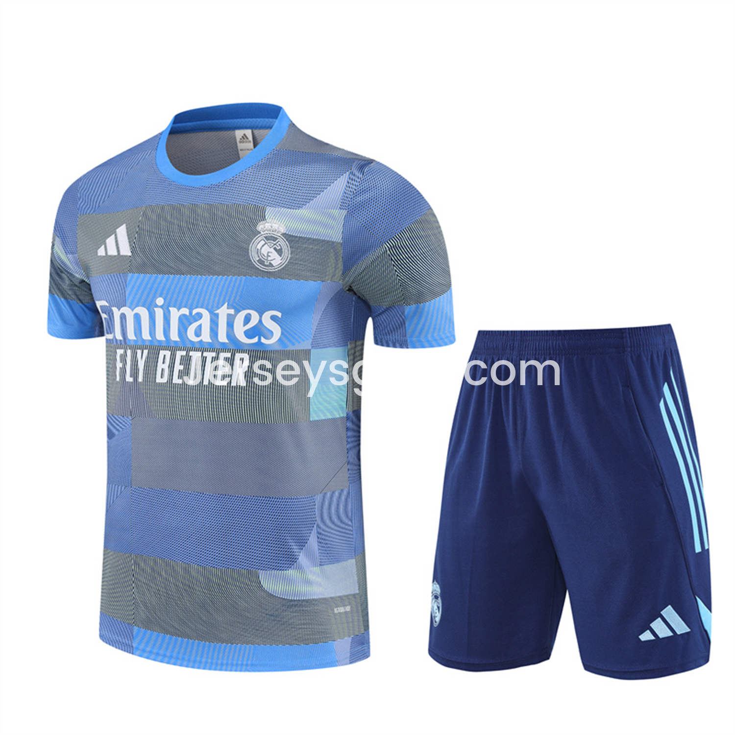 Real Madrid 25-26 Pre-Match Short-Sleeve Training Set - Blue-Gray Camouflage Top and Blue Shorts - JerseysGala