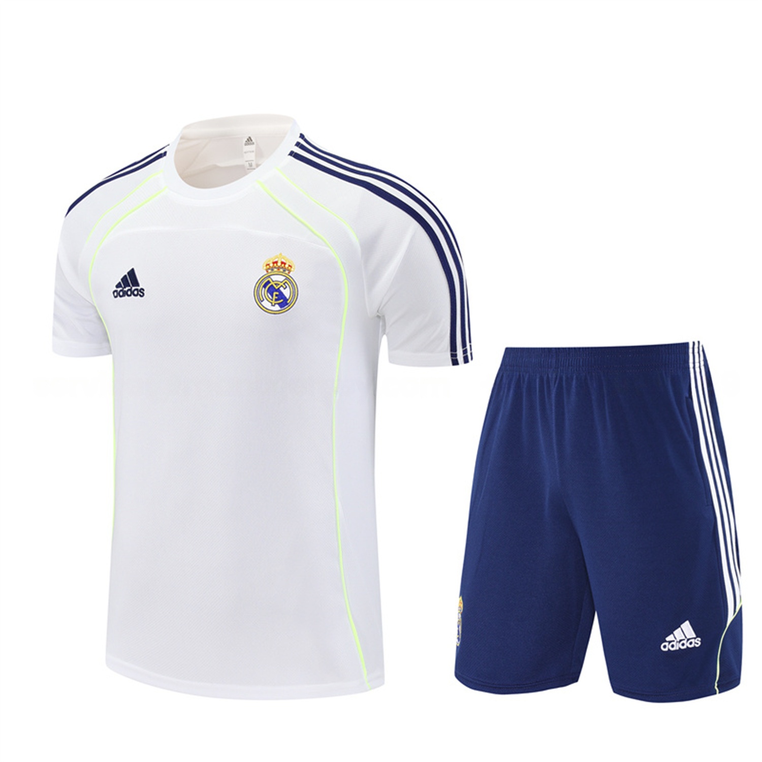 Real Madrid 25-26 Short-Sleeve Training Set - White Urban Purist Style Top and Blue Shorts - JerseysGala