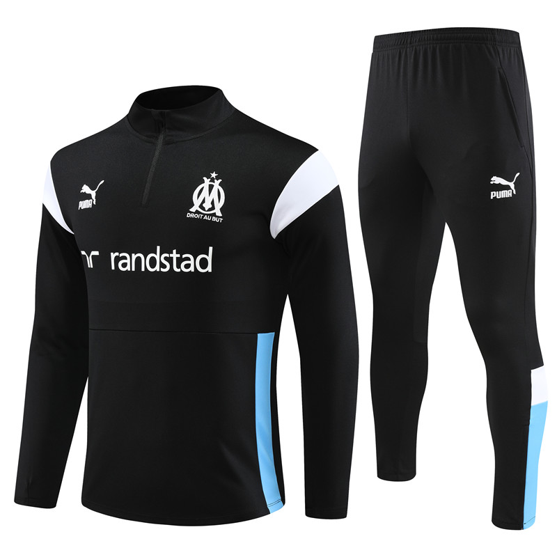 Marseille 23-24 Kids Long Sleeve Training Set Black and White - JerseysGala