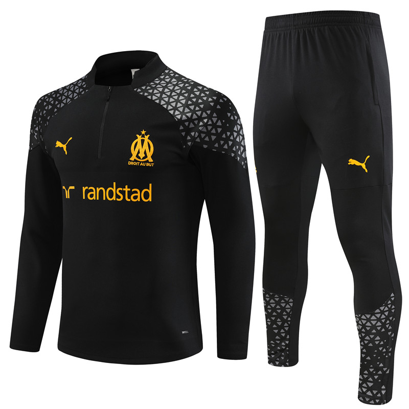 Marseille 23-24 Kids Long Sleeve Training Set Black and Yellow - JerseysGala