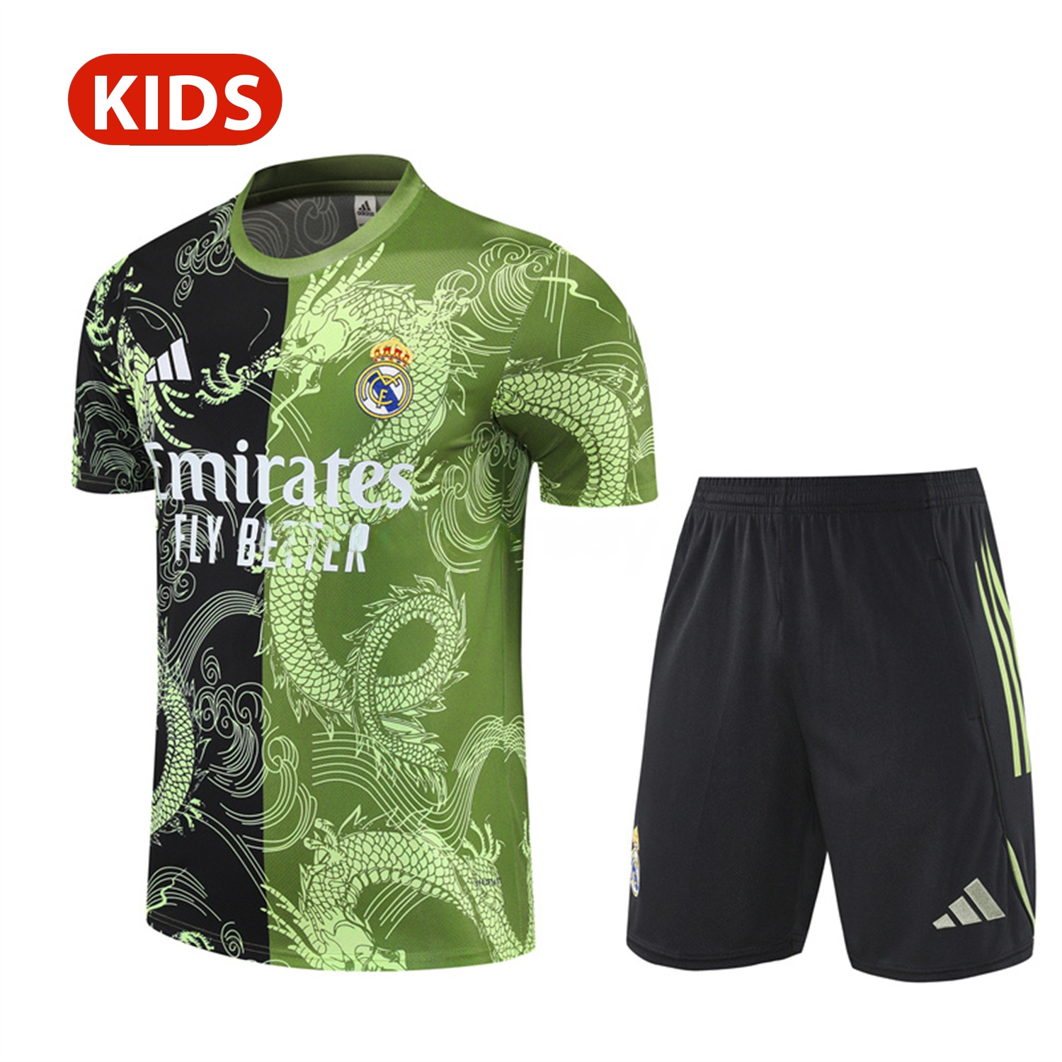 Real Madrid 25-26 Kid Short-Sleeve Training Set - Green Black Top & Black Shorts - JerseysGala