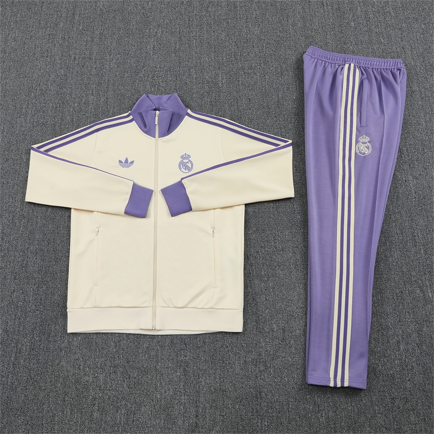 Real Madrid 24-25 Throwback Jacket Training Tracksuit - Off-white Jackets & Purple Pants - JerseysGala