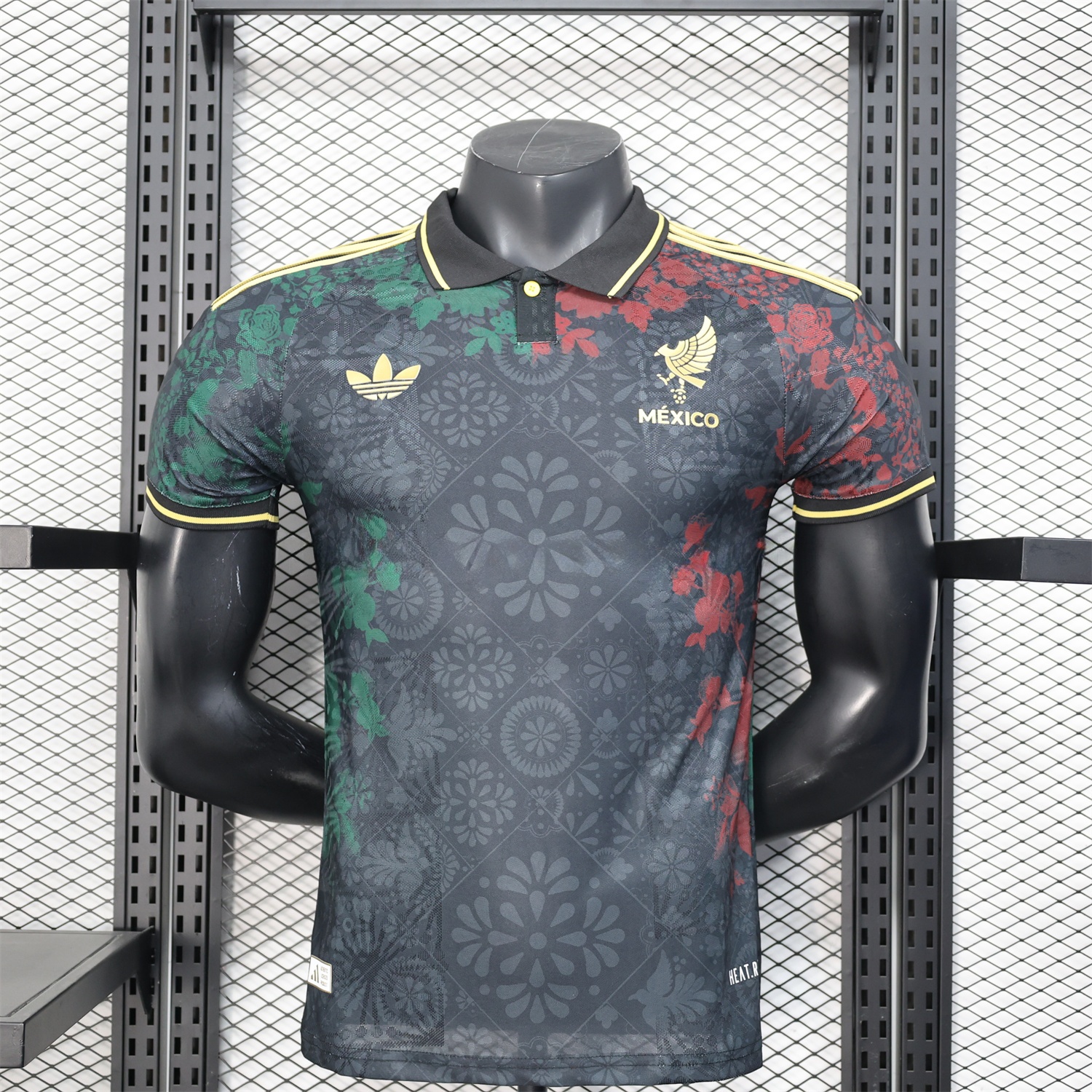 Mexico 25-26 Black Polo Jersey with Red and Green Floral Pattern - Player Version - JerseysGala