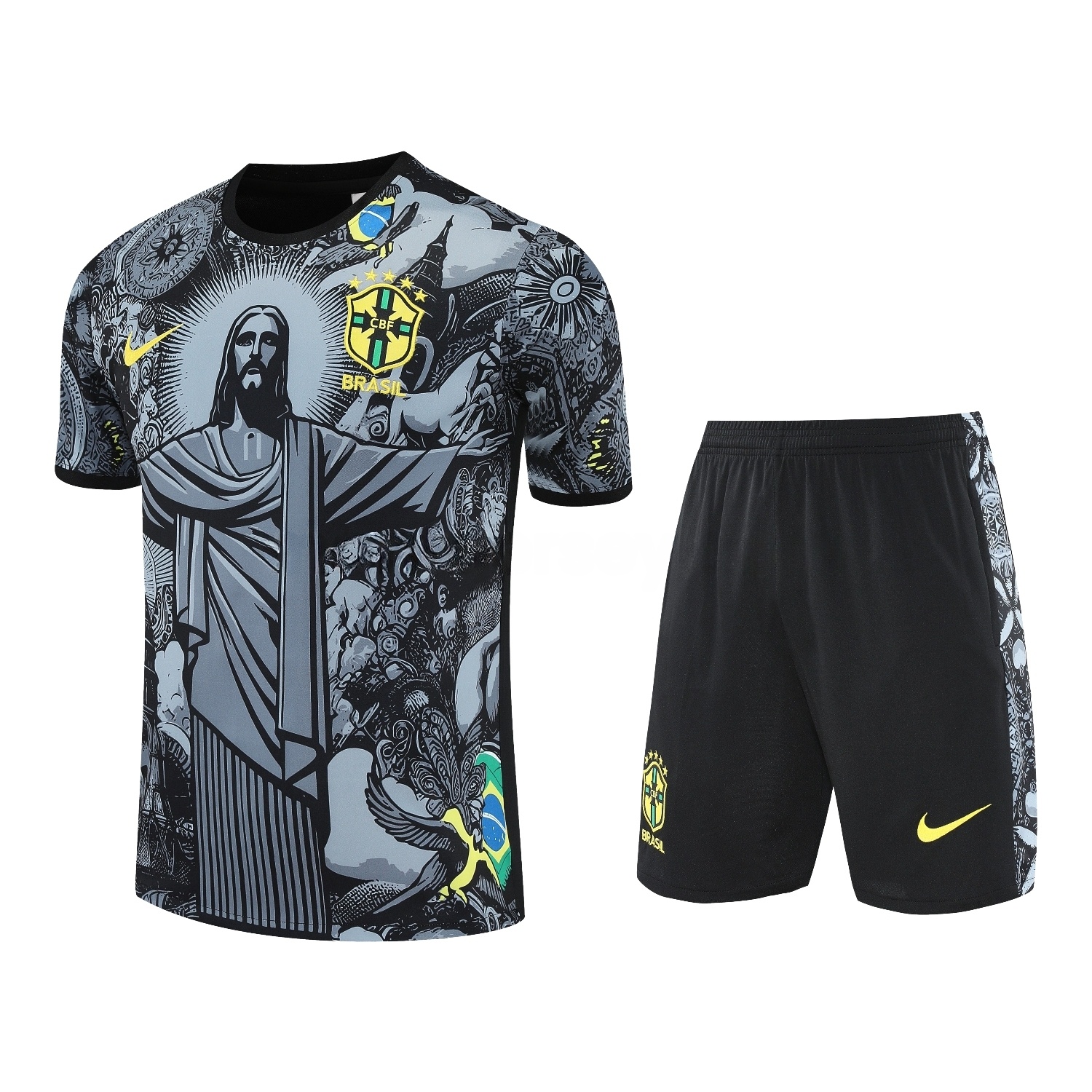 Brazil 25-26 Gray Jesus Statue Short-Sleeve Training Set - Gray Top & Black Shorts - JerseysGala