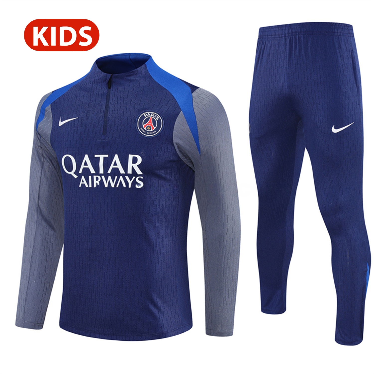 Paris Saint-Germain PSG 25-26 Kid Long Sleeves Training Set - Royal Blue Gray Sleeves Top & Royal Blue Pants - JerseysGala