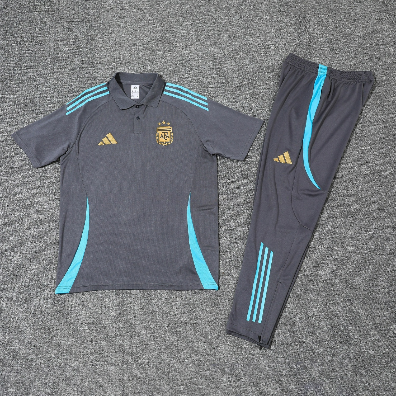 Argentina 25-26 POLO Short-Sleeve Training Set - Grey Top and Pants with Blue Stripes - JerseysGala