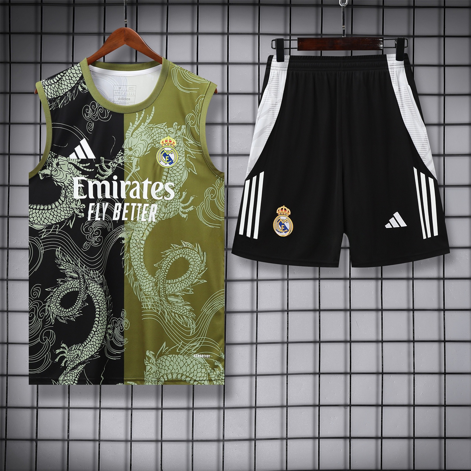 Real Madrid 25-26 Vest Training Set - Green-Black Dragon Vest & Black-White Shorts - JerseysGala
