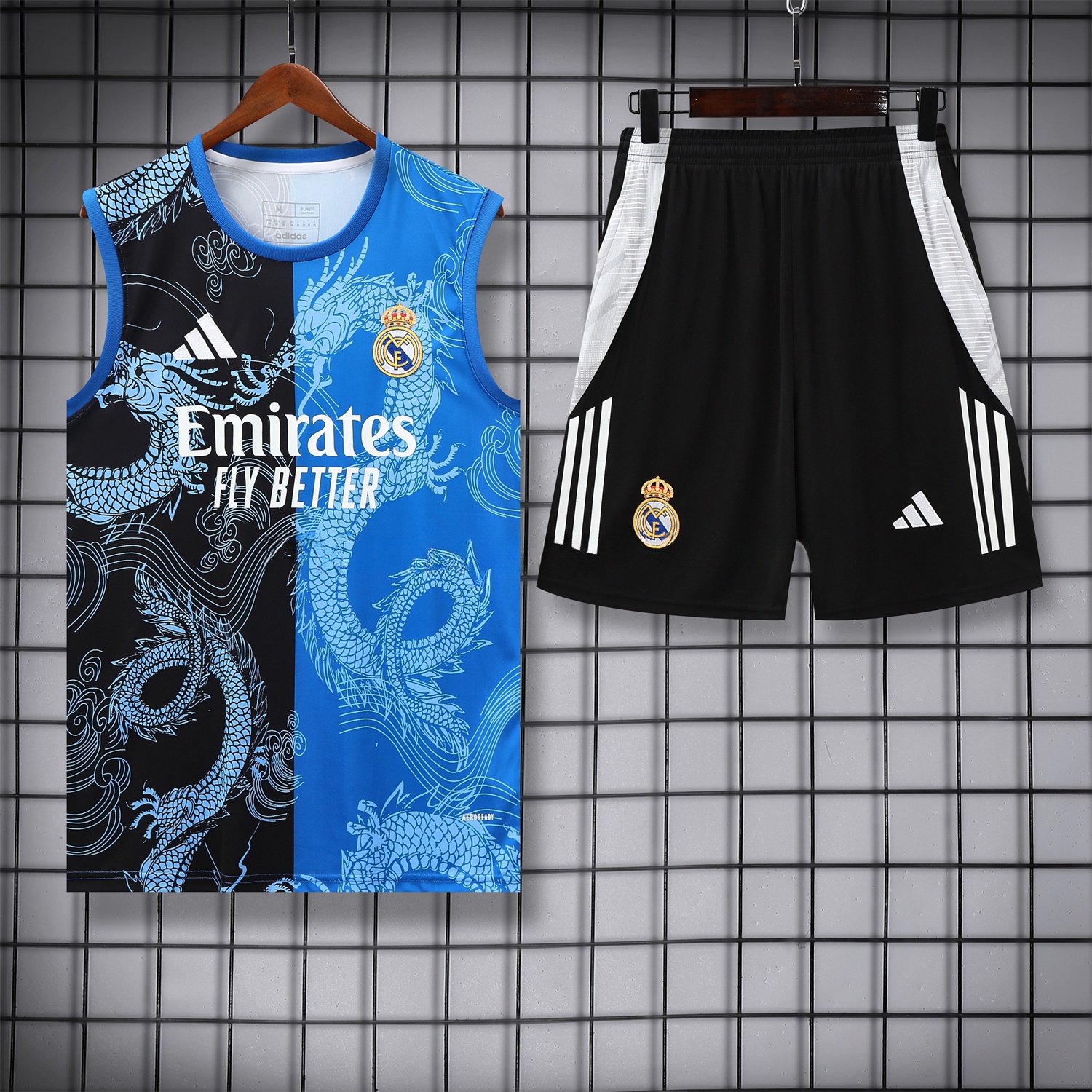 Real Madrid 25-26 Vest Training Set - Blue Black Dragon Vest & Black-White Shorts - JerseysGala