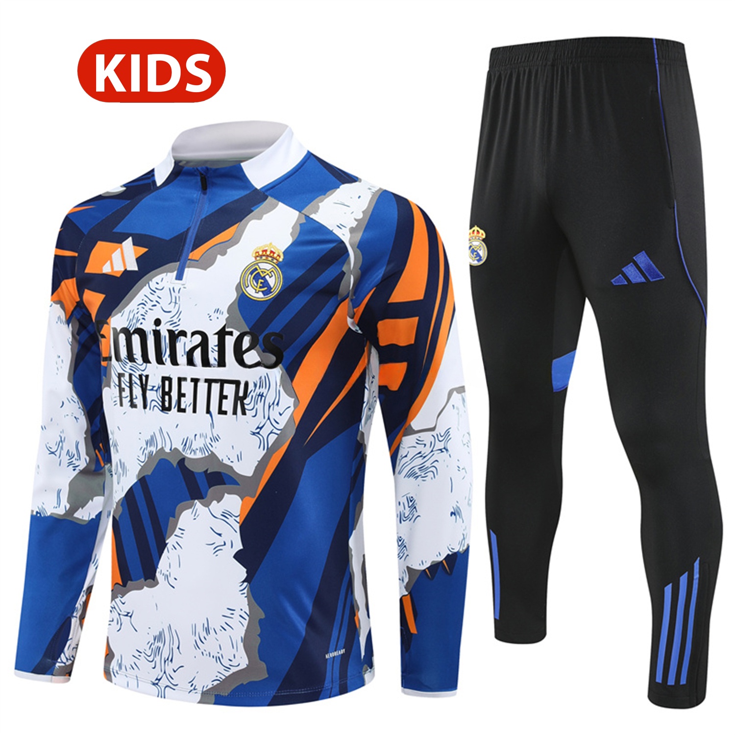 Real Madrid 25-26 Kids Long Sleeve Training Set - Yellow, White and Blue Camouflage Top and Black Pants - JerseysGala