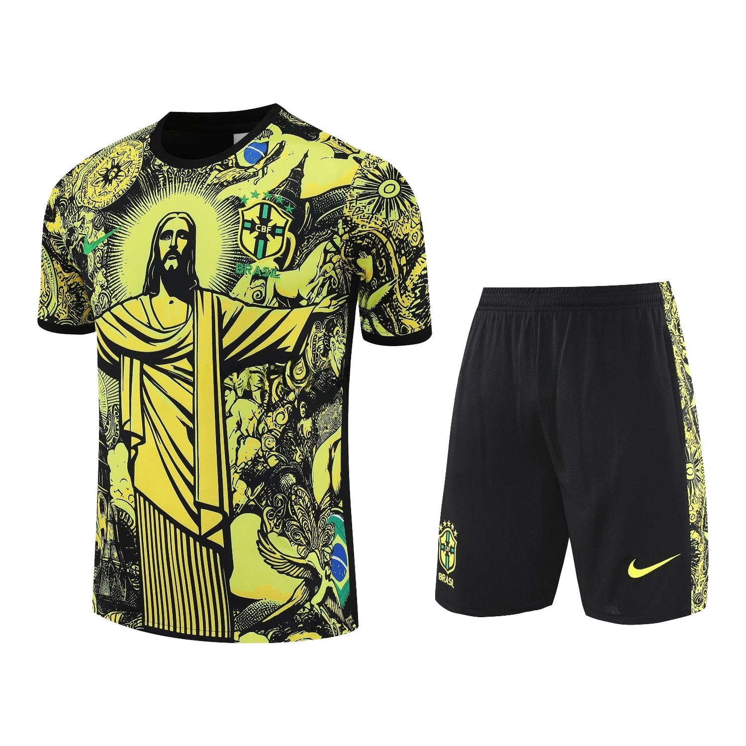 Brazil 25-26 Yellow Jesus Statue Short-Sleeve Training Set - Yellow Top & Black Shorts - JerseysGala