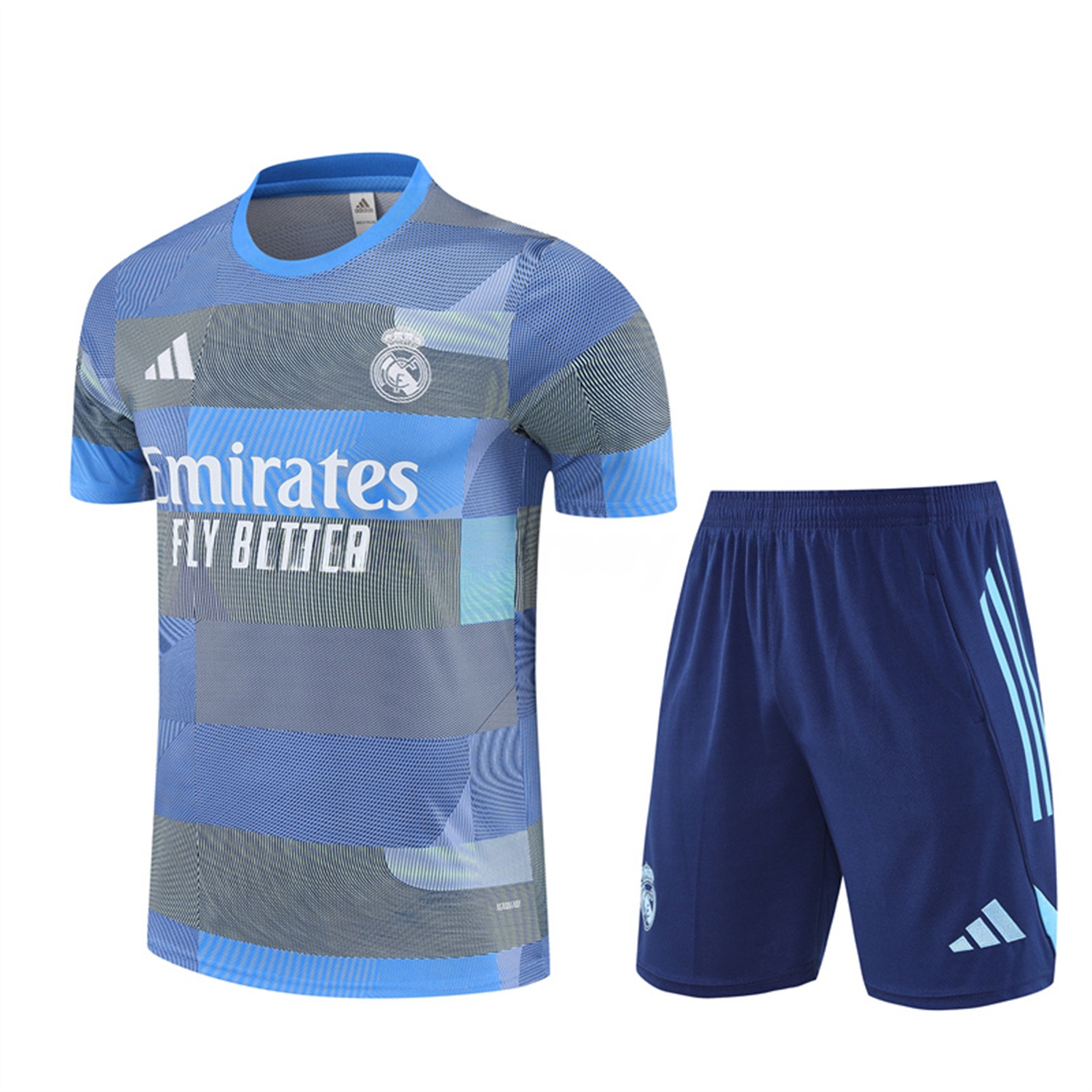 Real Madrid 25-26 Pre-Match Short-Sleeve Training Set - Blue-Gray Camouflage Top and Blue Shorts - JerseysGala
