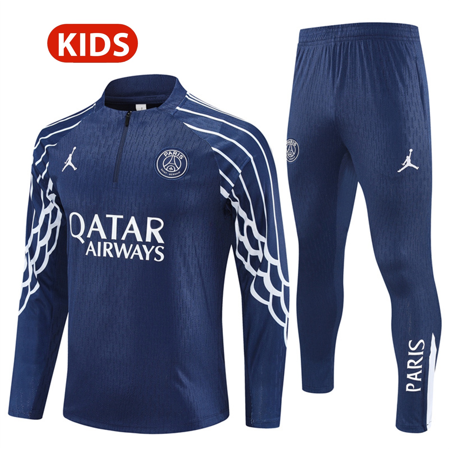 Paris Saint-Germain PSG 25-26 Kids Long Sleeve Training Set - JD White Wing Royal Blue Top and Pants - JerseysGala