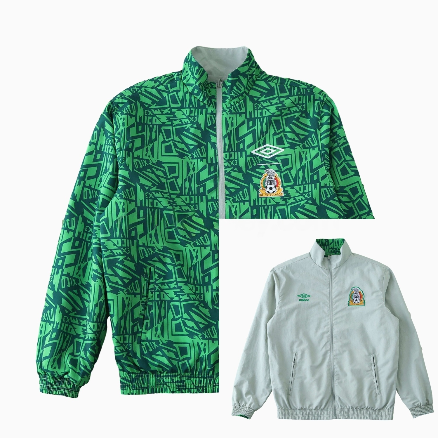 Retro Mexico 1994 Retro Style Double Sided Reversible Windbreaker - Green & Grey - JerseysGala