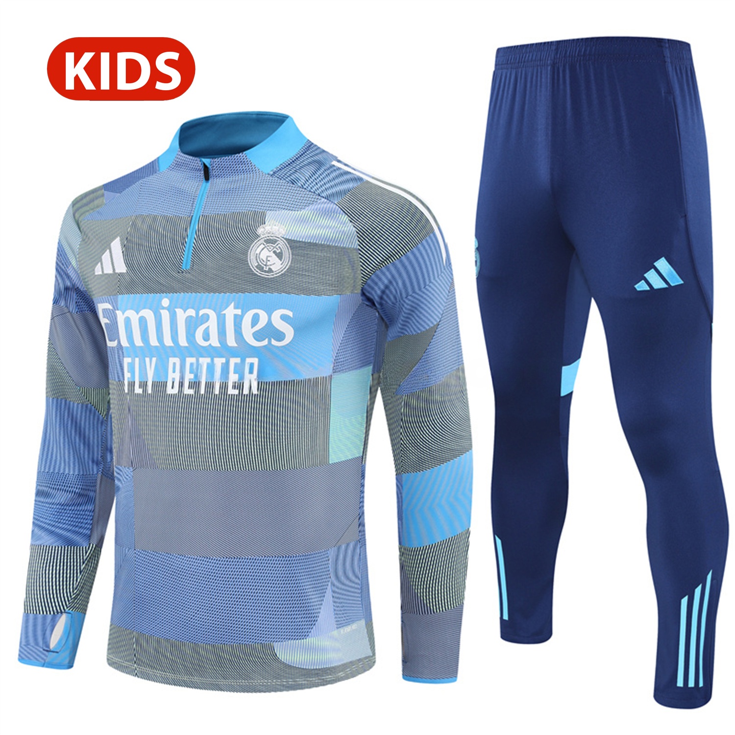 Real Madrid 25-26 Kids Long Sleeves Training Set - Blue-Gray Camouflage Top & Blue Pants - JerseysGala