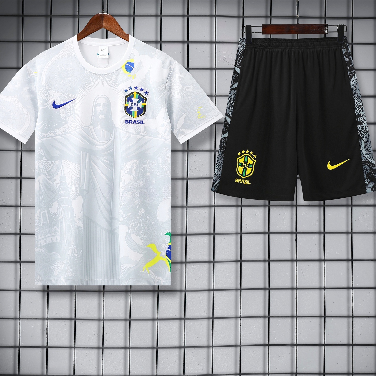 Brazil 25-26 White Jesus Statue Short-Sleeve Training Set - White Top & Black Shorts - JerseysGala