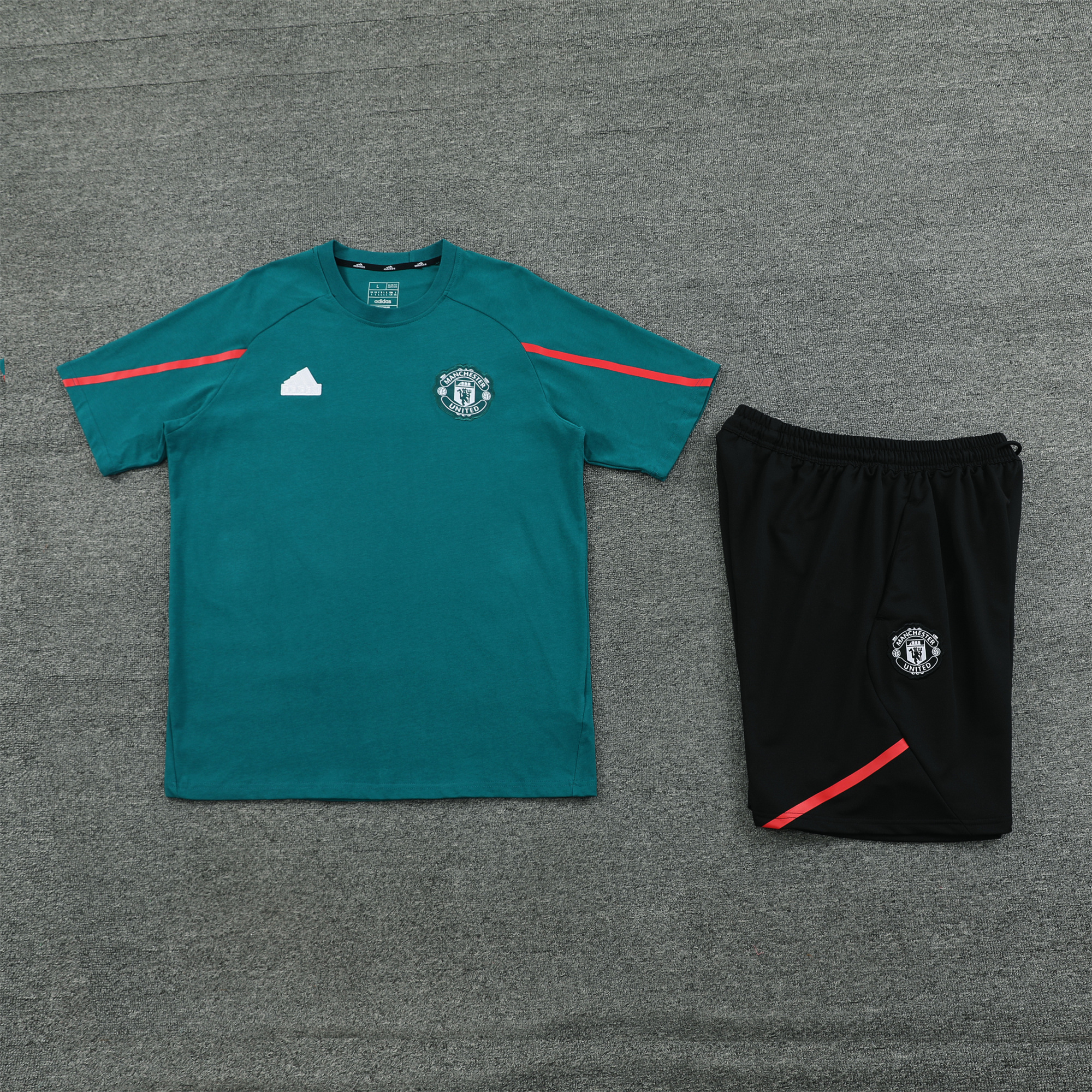 Manchester United 24-25 Short-Sleeve Training Set - Deep Green Top & Grey Shorts - JerseysGala
