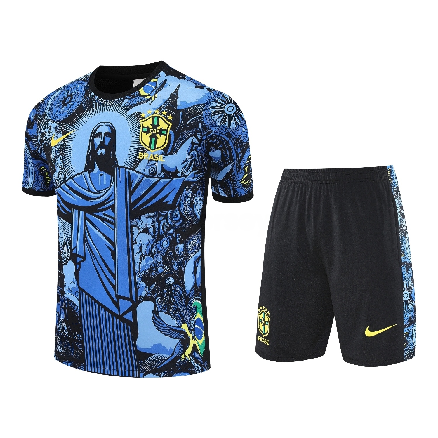 Brazil 25-26 Blue Jesus Statue Short-Sleeve Training Set - Blue Top & Black Shorts - JerseysGala