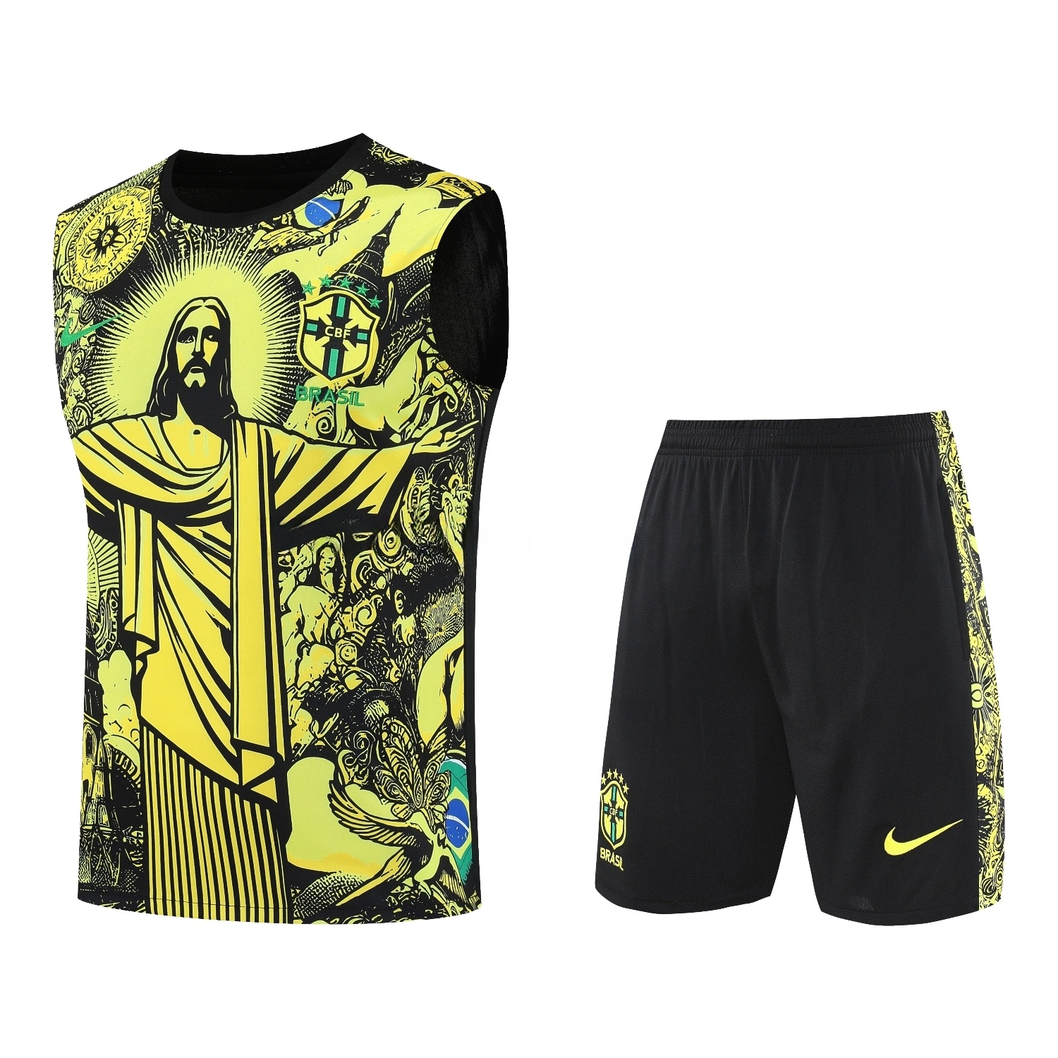 Brazil 25-26 Yellow Jesus Statue Vest Training Set - Yellow Vest & Black Shorts - JerseysGala
