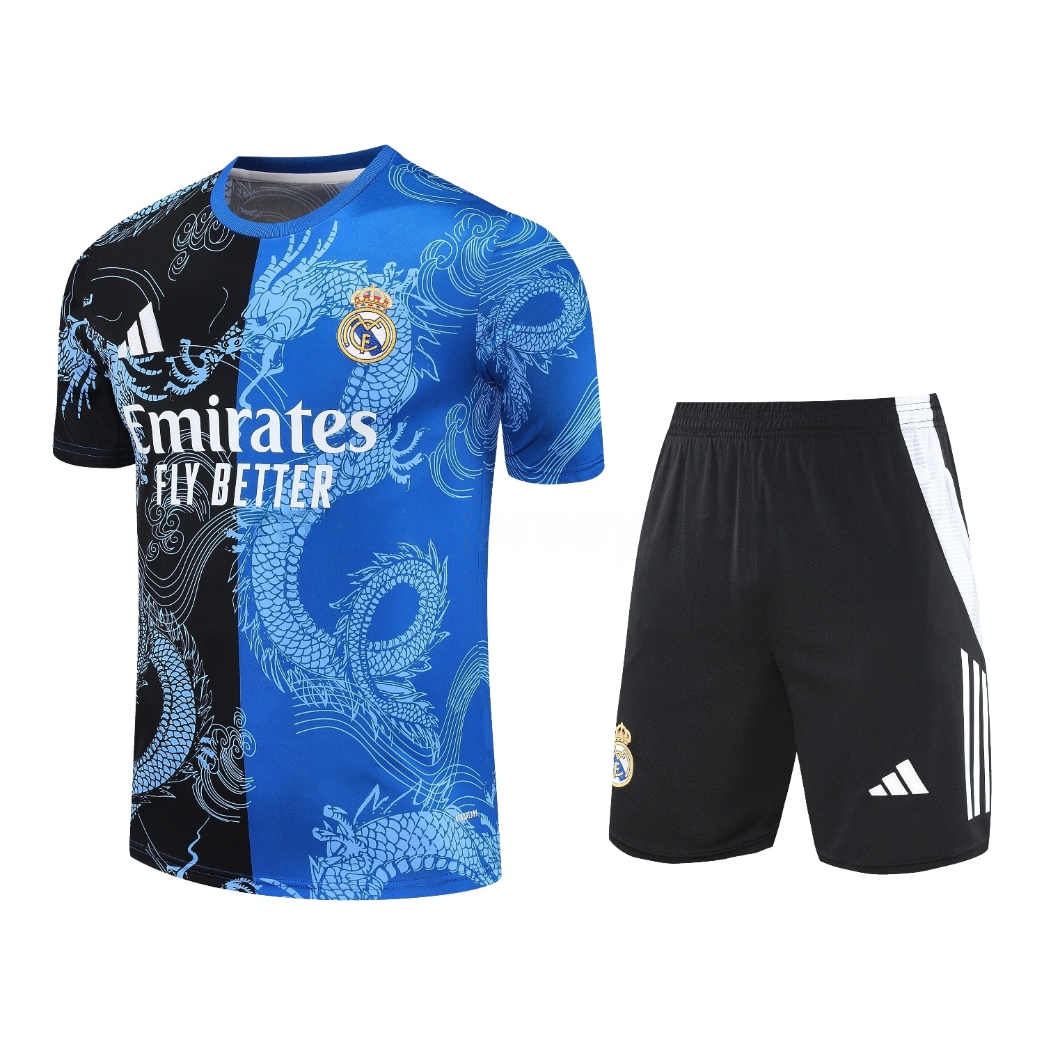 Real Madrid 25-26 Short-Sleeve Training Set - Blue Black Dragon Top & Black-White Shorts - JerseysGala