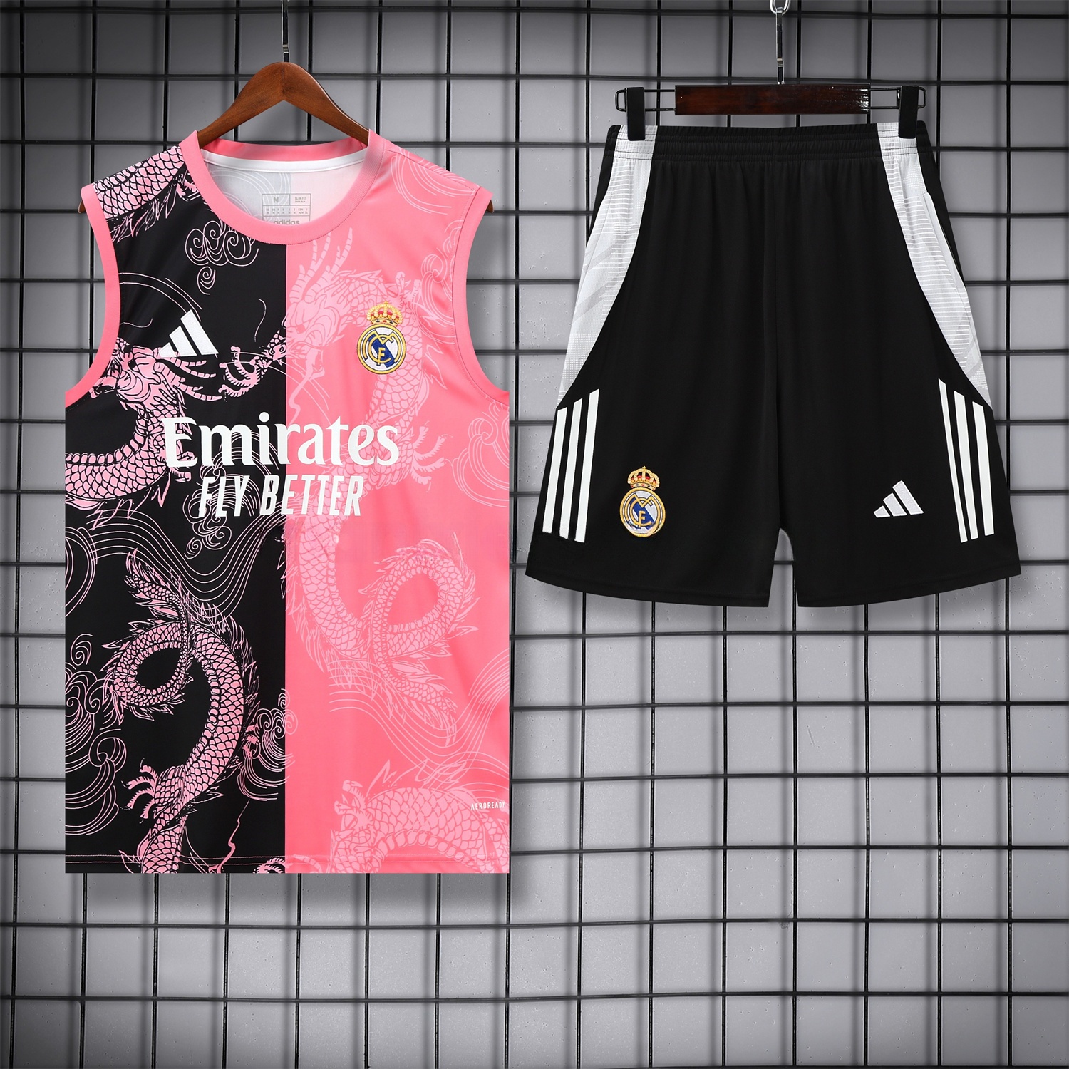Real Madrid 25-26 Vest Training Set - Pink-Black Dragon Vest & Black-White Shorts - JerseysGala