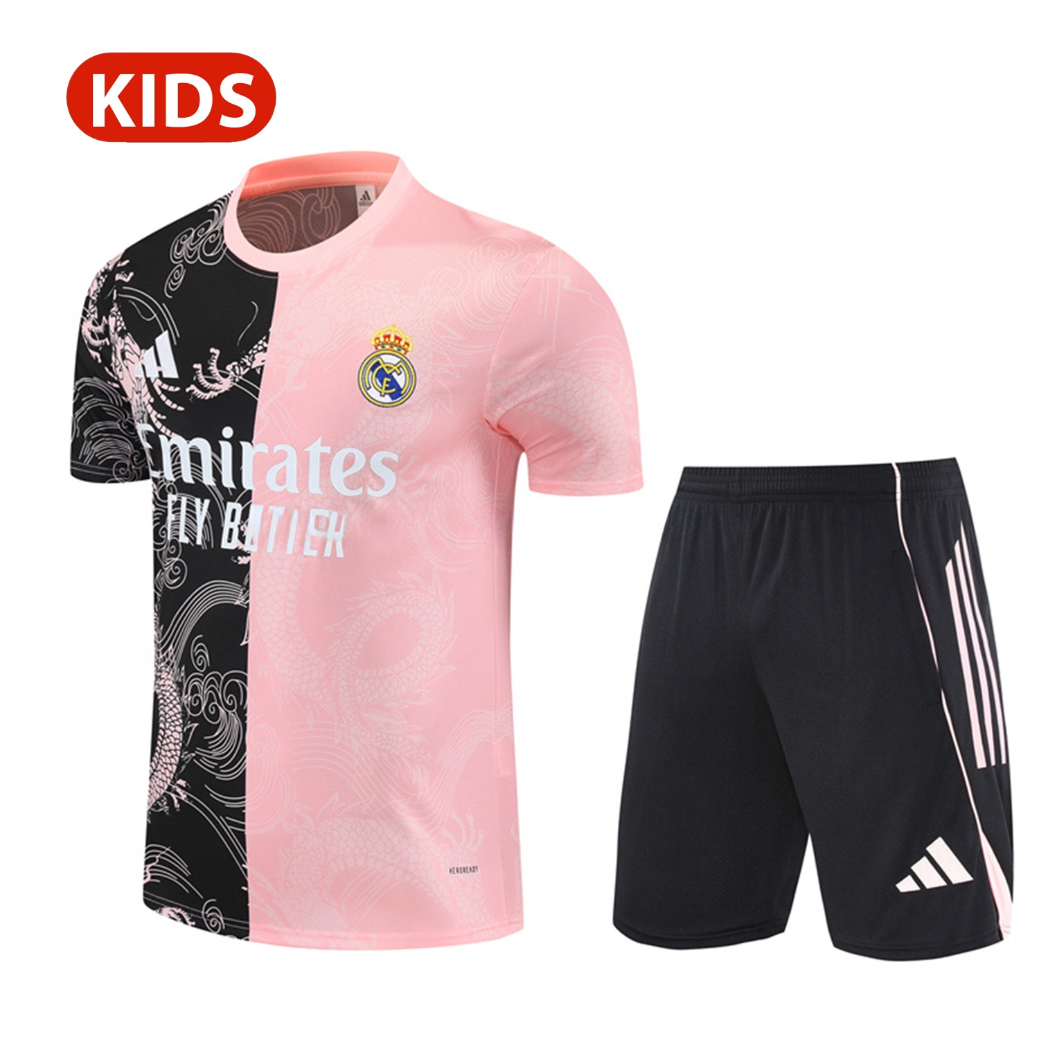 Real Madrid 25-26 Kid Short-Sleeve Training Set - Pink Black Top & Black Shorts - JerseysGala