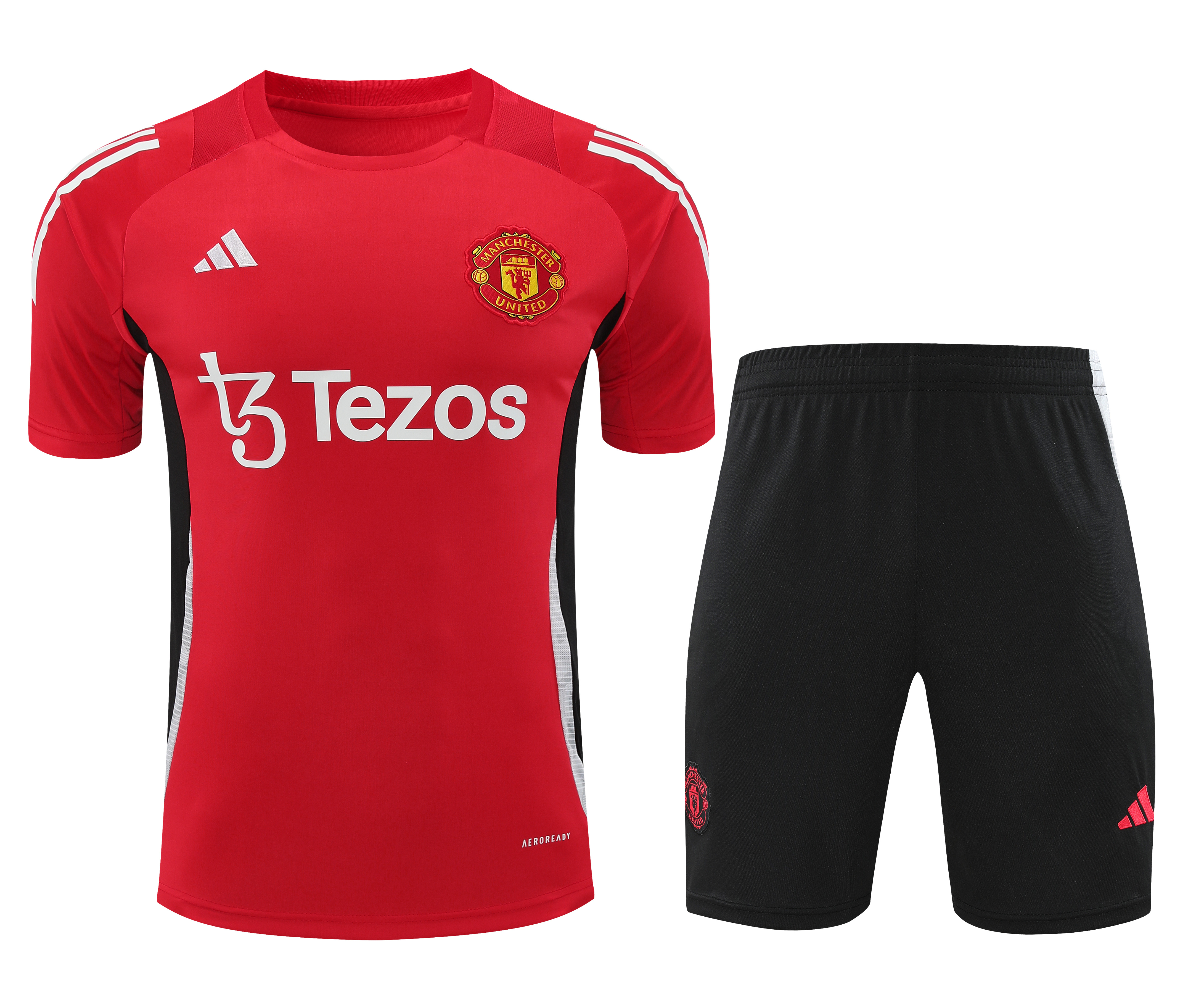 Manchester United 24-25 Short-Sleeve Training Kids Kit - Red Top and Black Shorts - JerseysGala