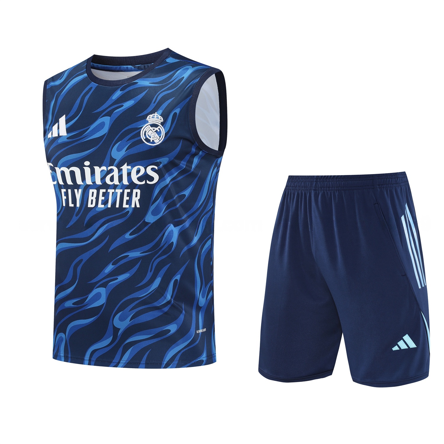 Real Madrid 25-26 Vest Training Set - Blue Water Pattern Top & Deep Blue Shorts - JerseysGala