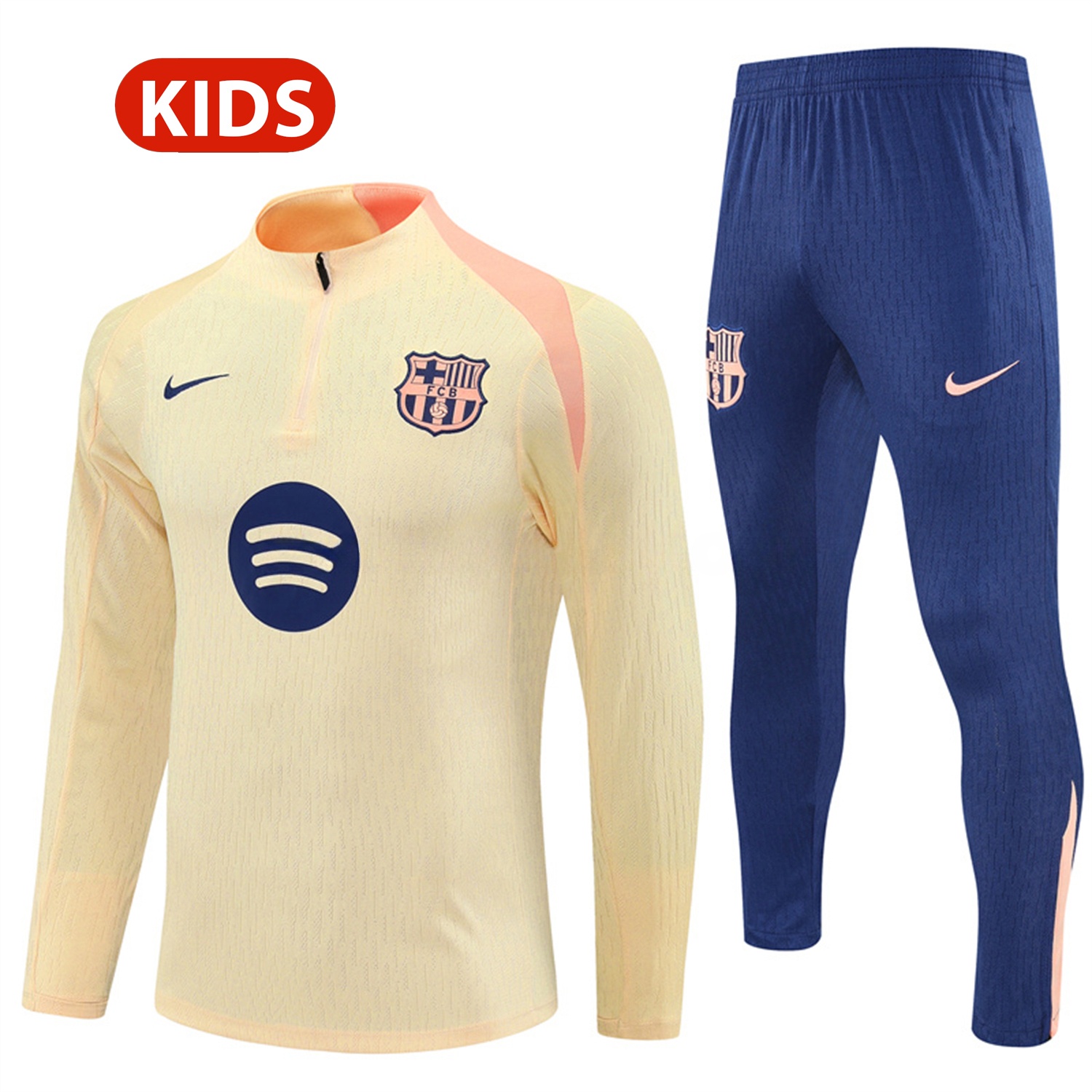 Barcelona 25-26 Kids Long Sleeve Training Set - Player Version - Light Yellow Top and Blue Pants - JerseysGala