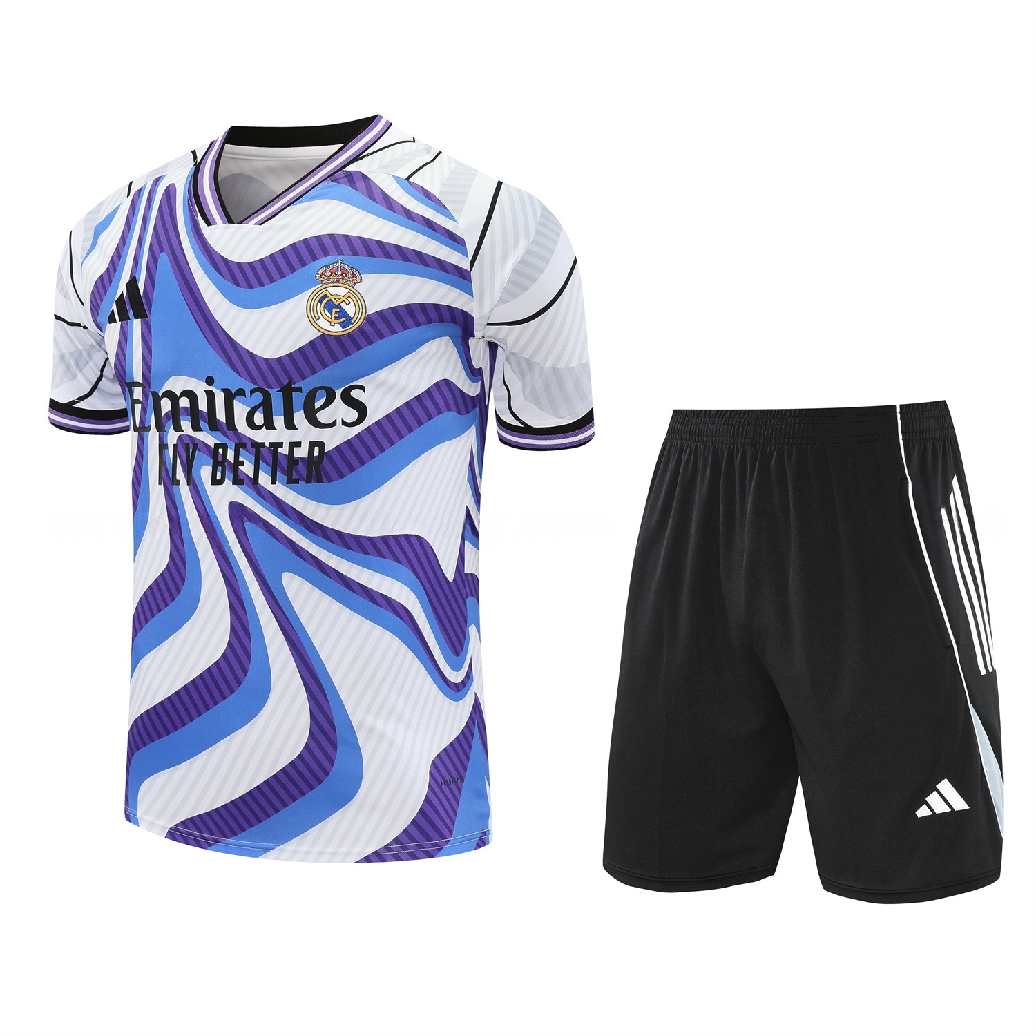 Real Madrid 25-26 Short-Sleeve Training Set - Blue Purple Curve Pattern Top & Black Shorts - JerseysGala