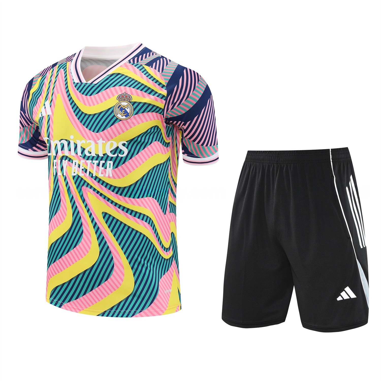 Real Madrid 25-26 Short-Sleeve Training Set - Colorful Curve Pattern Top & Black Shorts - JerseysGala