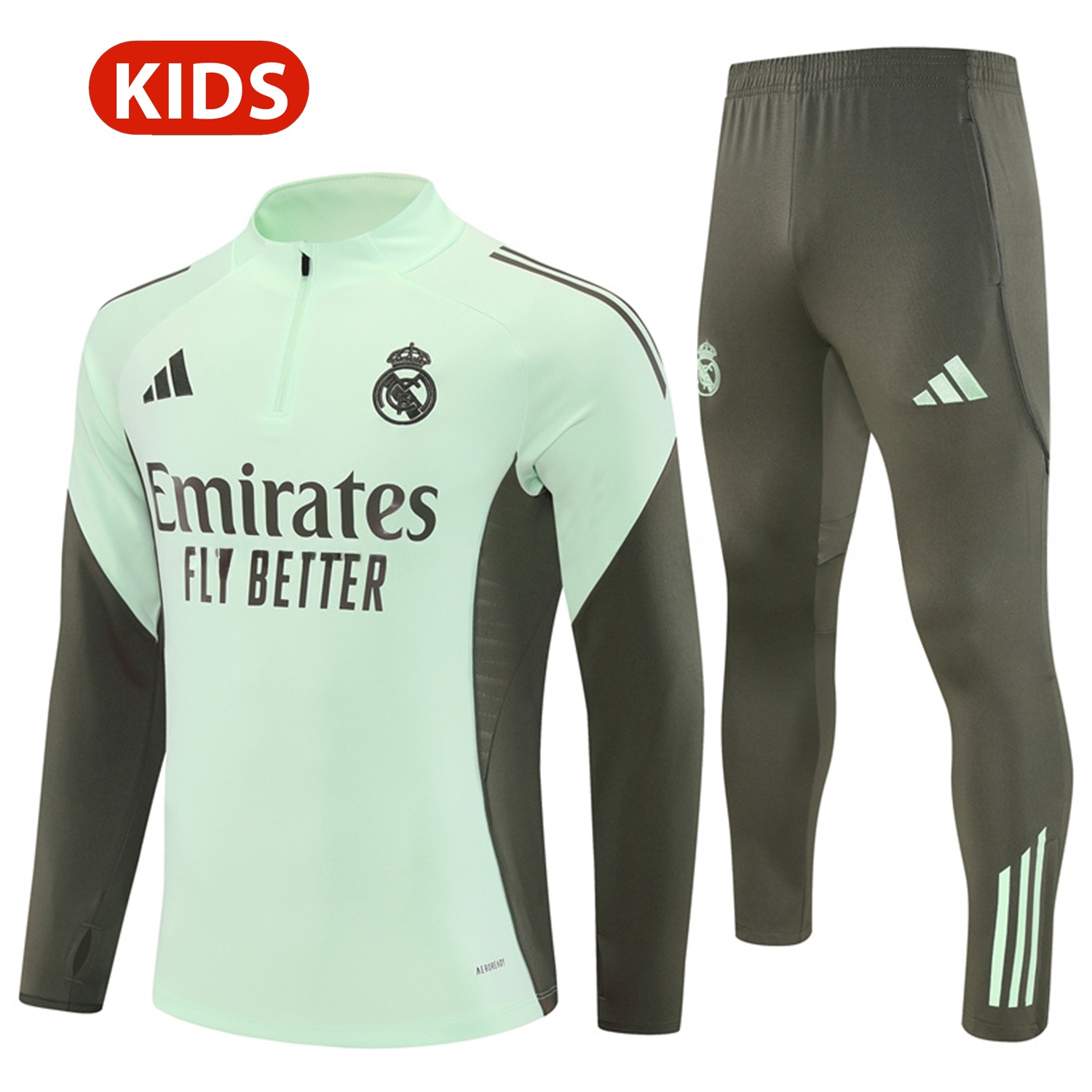 Real Madrid 25-26 Kids Long Sleeve Training Set - Light Green Top & Army Green Pants - JerseysGala