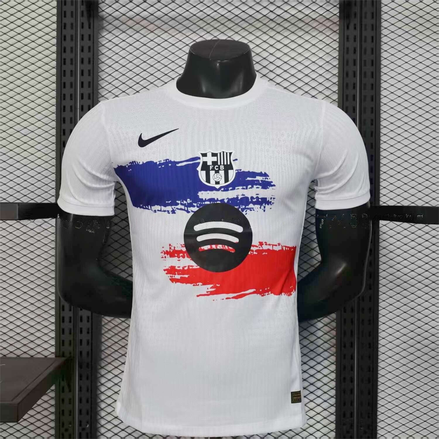 Barcelona 25-26 White Jersey with Red Blue Ink Horizontal Stripes Jersey - Player Version - JerseysGala