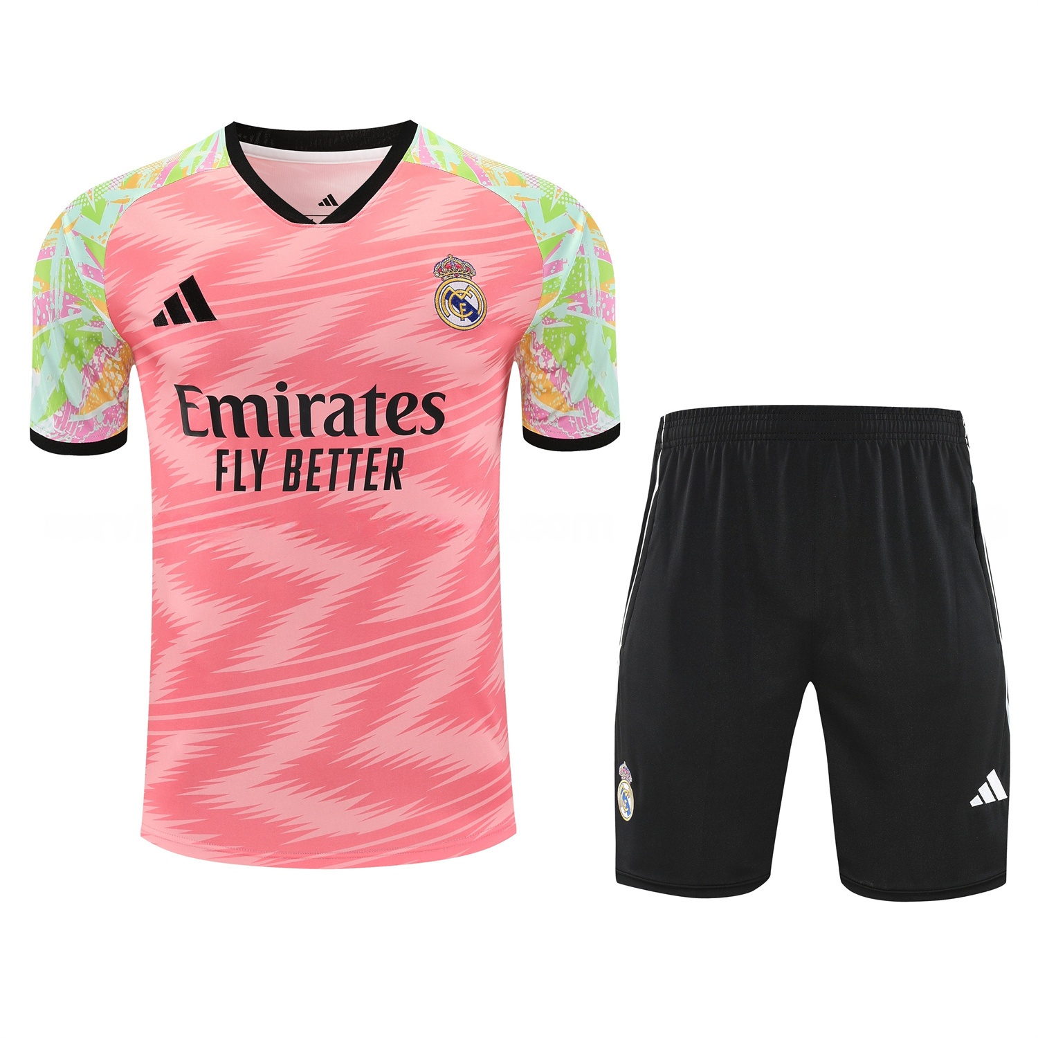Real Madrid 25-26 Short-Sleeve Training Set - Pink Arrow Pattern Top & Black Shorts - JerseysGala