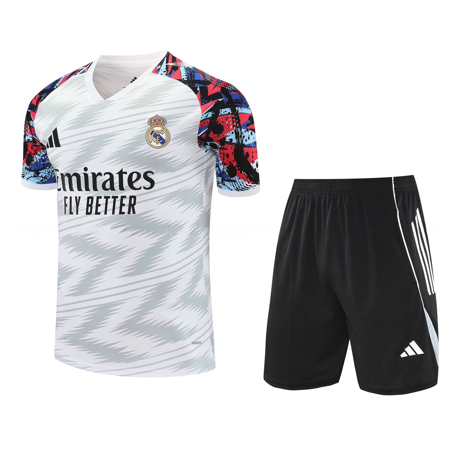 Real Madrid 25-26 Short-Sleeve Training Set - Grey Arrow Pattern Top & Black Shorts - JerseysGala