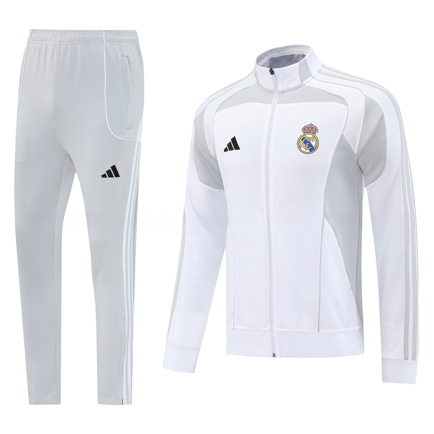 Real Madrid 25-26 Jacket Training Tracksuit - White Jackets & Light Grey Pants - JerseysGala