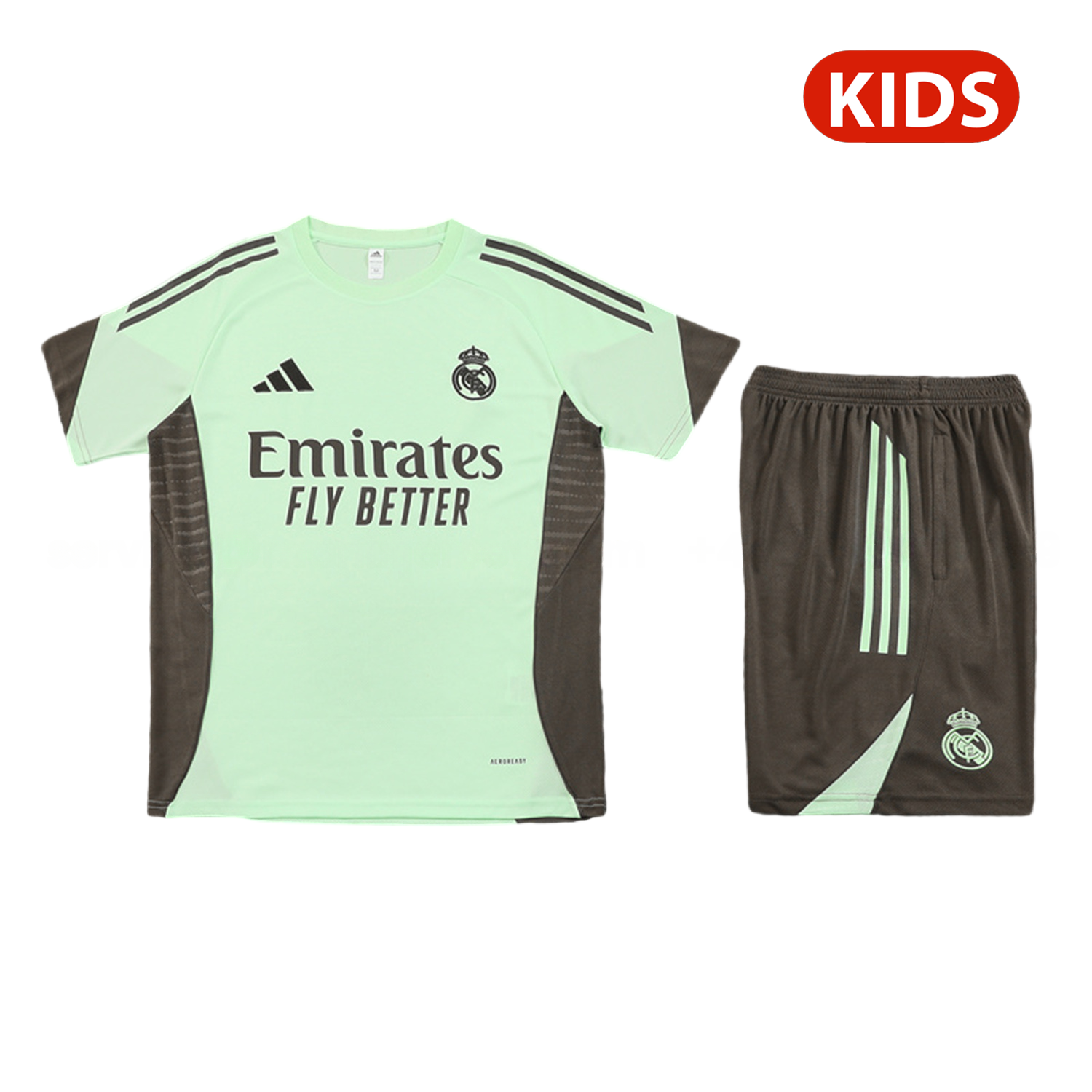 Real Madrid 25-26 Kids Short-Sleeve Training Set - Light Green Top and Dark Khaki Shorts - JerseysGala