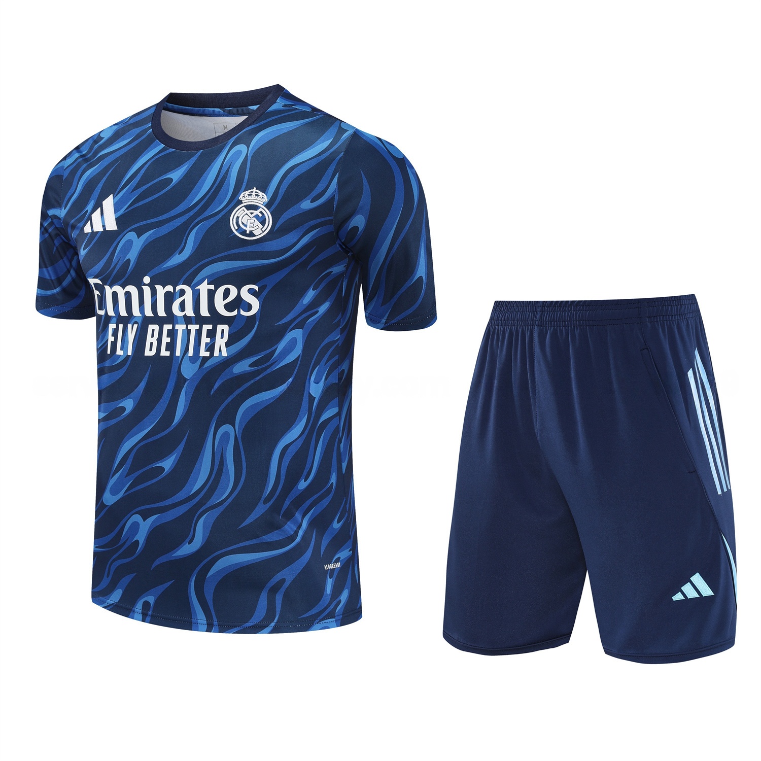 Real Madrid 25-26 Short-Sleeve Training Set - Blue Water Pattern Top & Deep Blue Shorts - JerseysGala