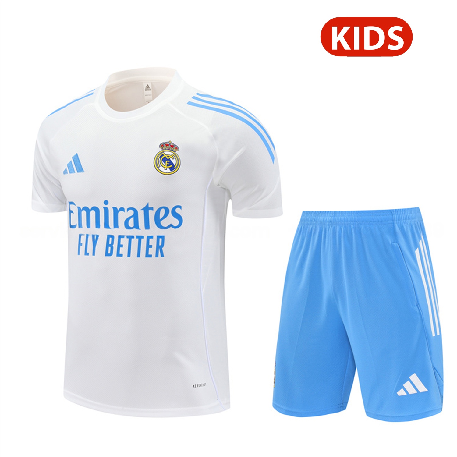 Real Madrid 25-26 Kids Short-Sleeve Training Set - White Top and Sky Blue Shorts - JerseysGala
