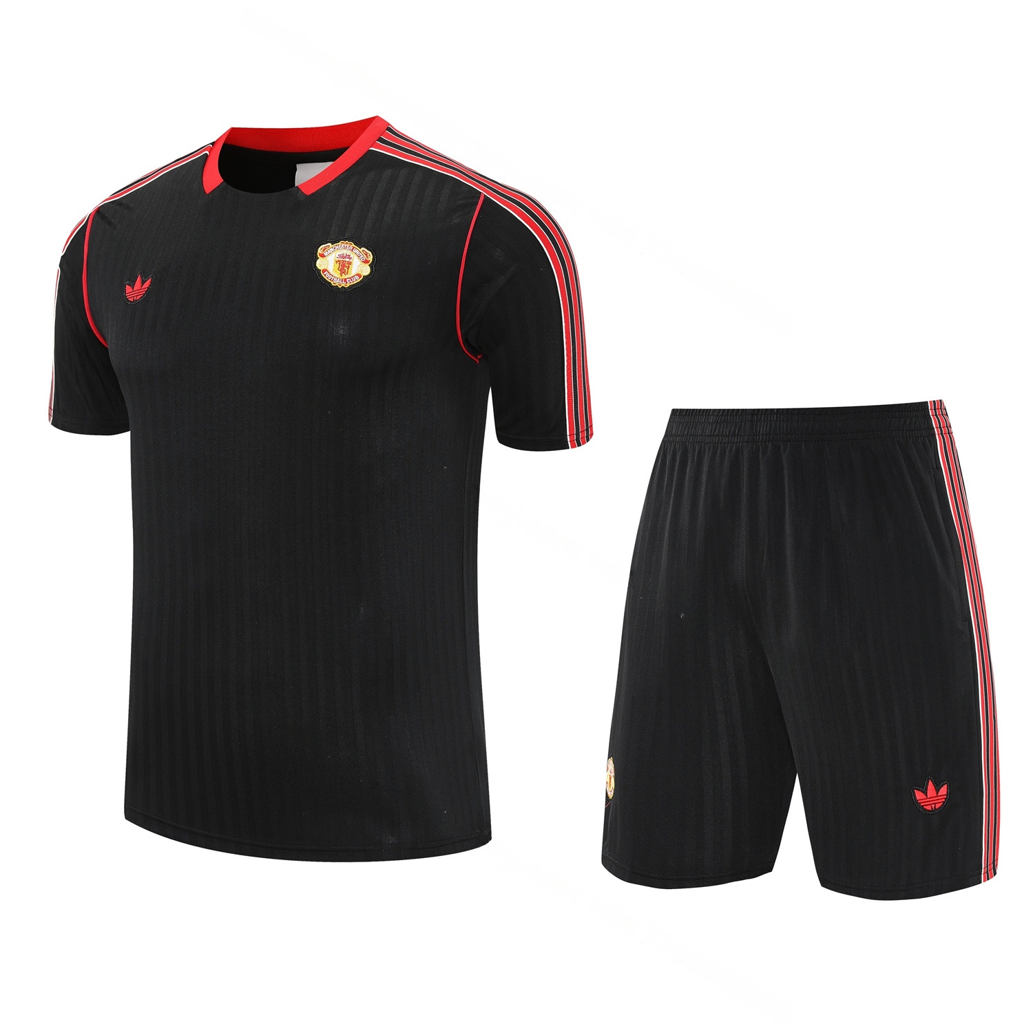 Manchester United 25-26 Short-Sleeve Training Set - Red Lines Black Top & Black Shorts - JerseysGala